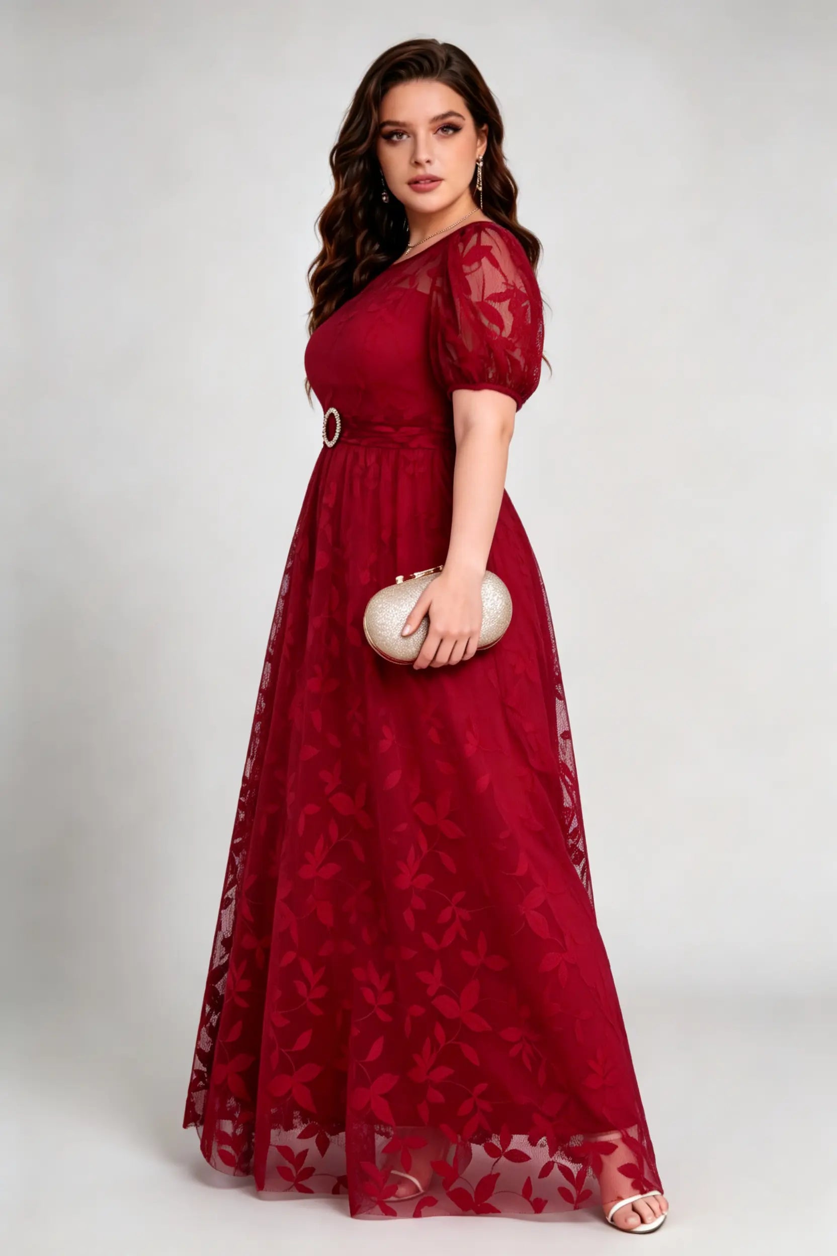 Burgundy Lace Plus Size Maxi Dress - Puff Sleeve A-Line Formal Gown