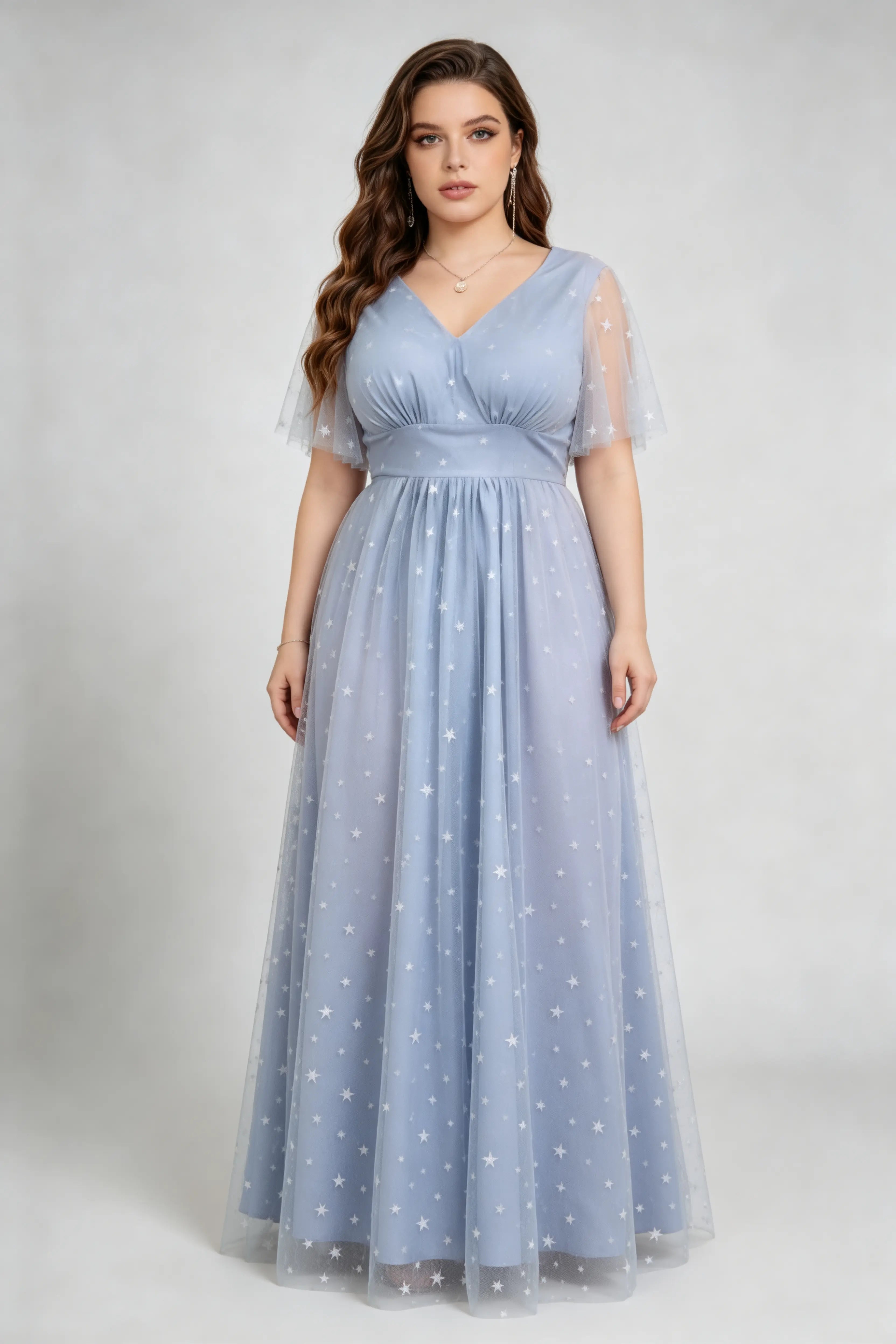 Dusty Blue Starry Tulle Plus Size Maxi Dress - Flutter Sleeve Formal Gown