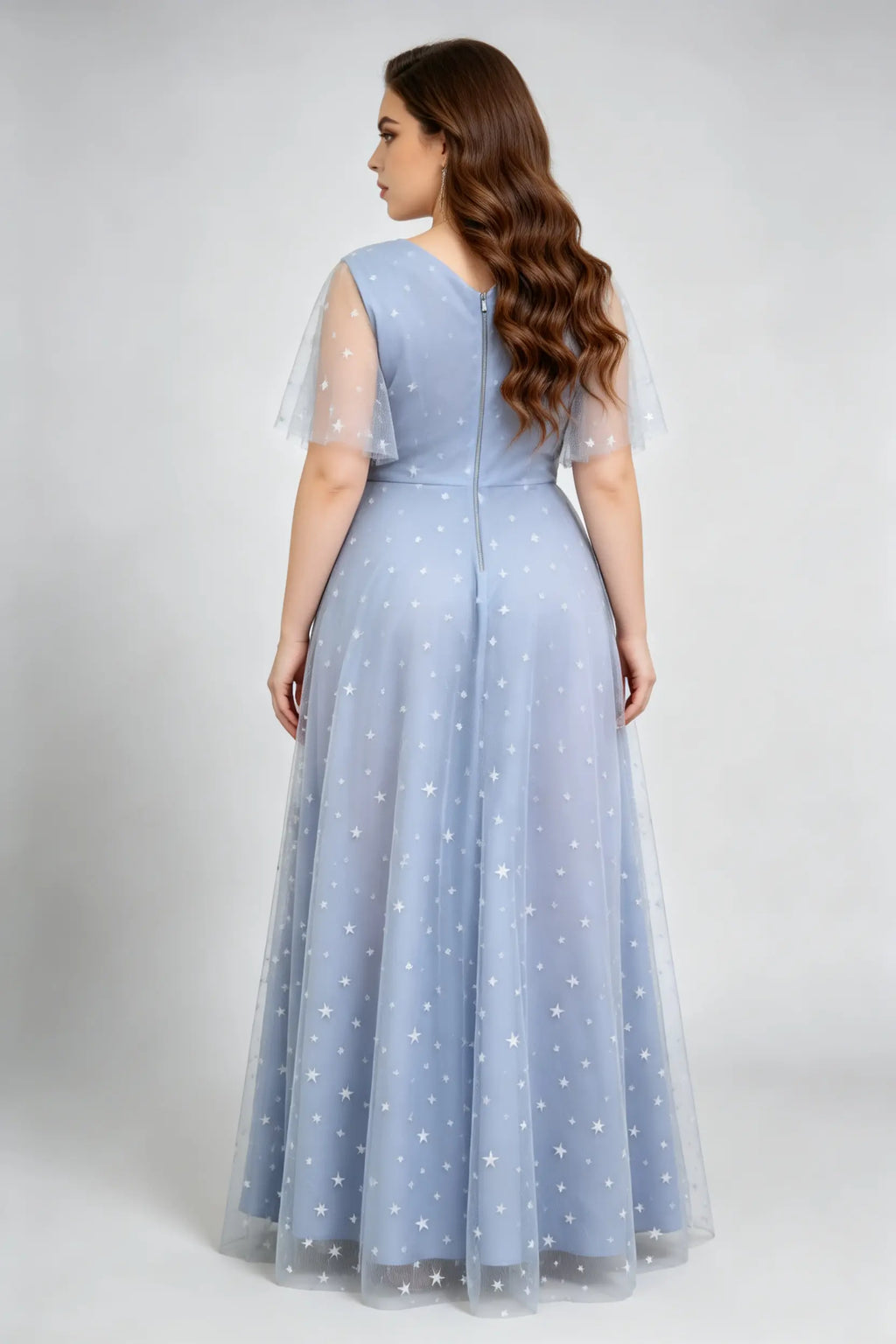 Dusty Blue Starry Tulle Plus Size Maxi Dress - Flutter Sleeve Formal Gown