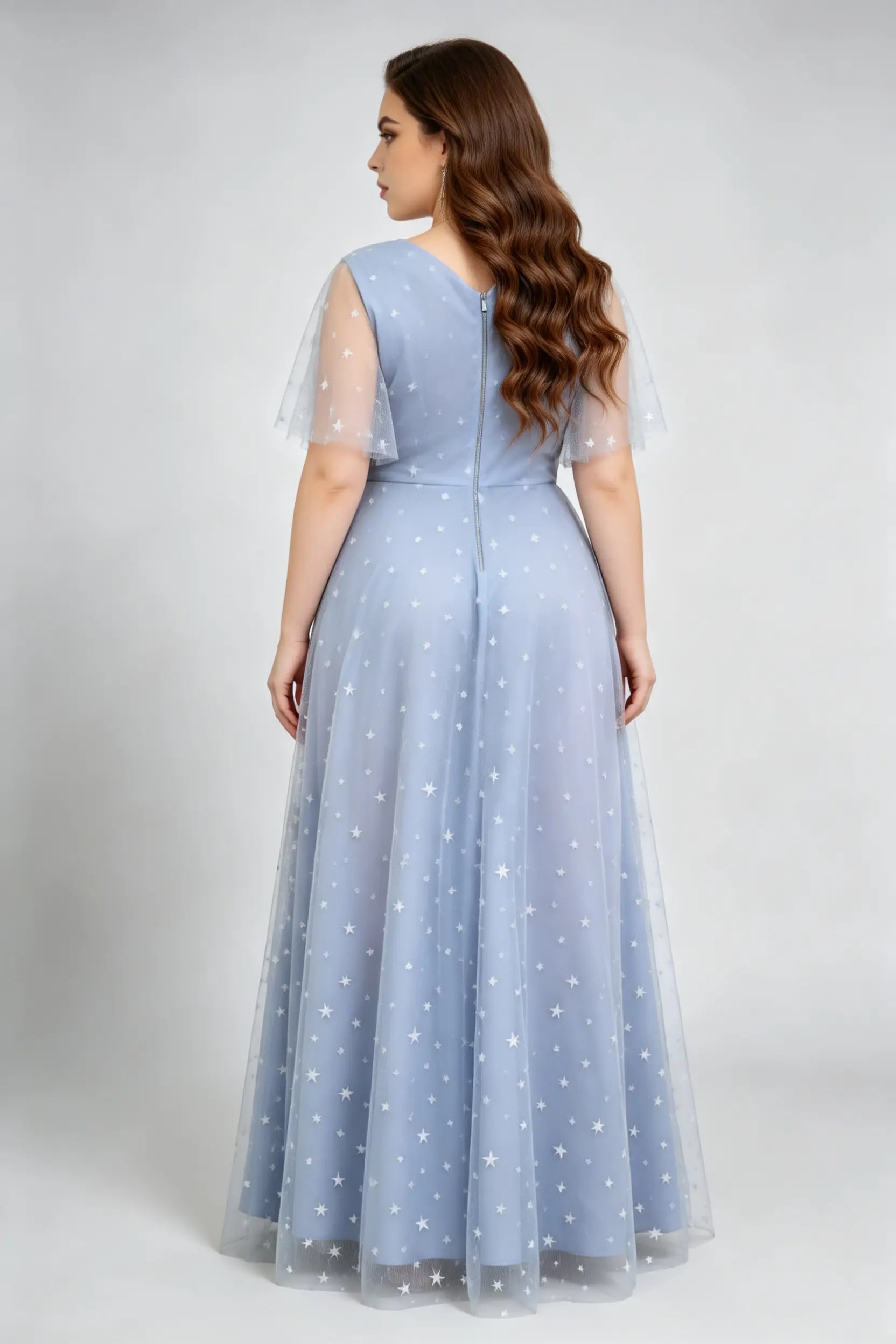 Dusty Blue Starry Tulle Plus Size Maxi Dress - Flutter Sleeve Formal Gown