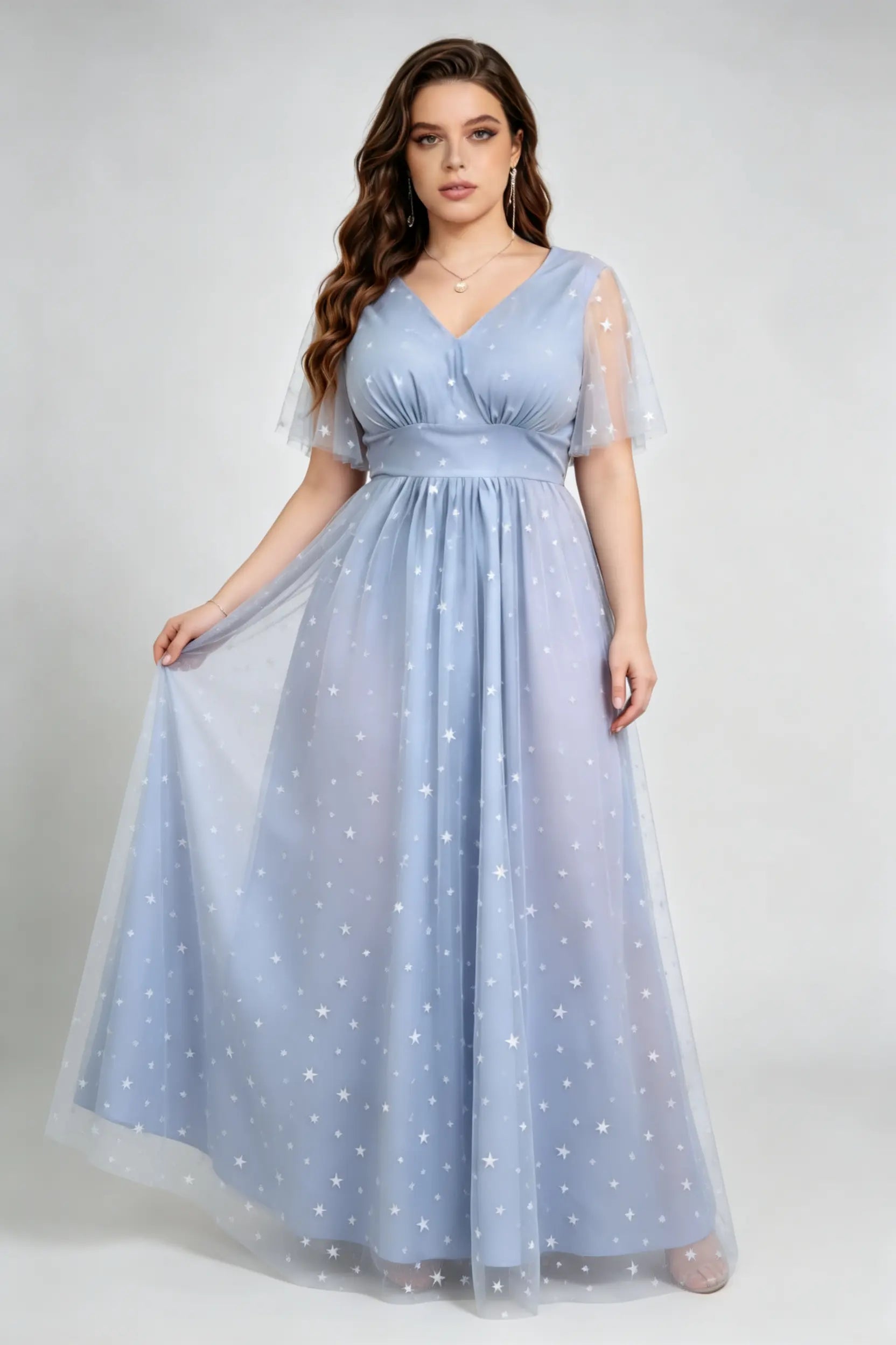 Dusty Blue Starry Tulle Plus Size Maxi Dress - Flutter Sleeve Formal Gown