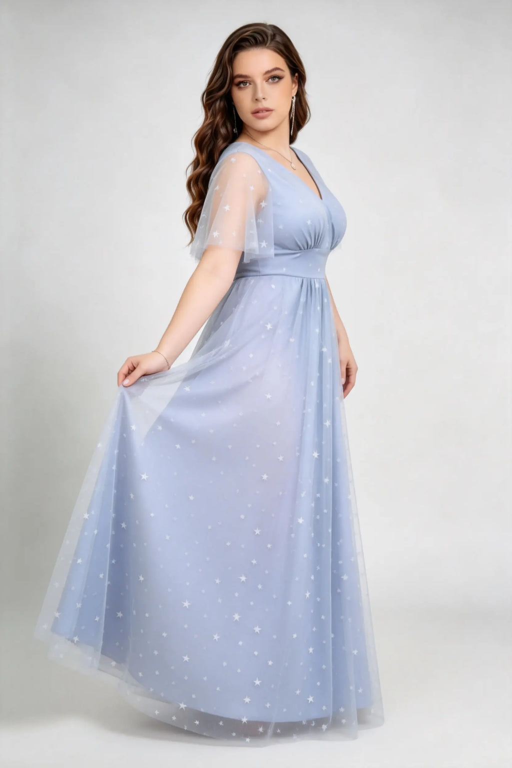 Dusty Blue Starry Tulle Plus Size Maxi Dress - Flutter Sleeve Formal Gown