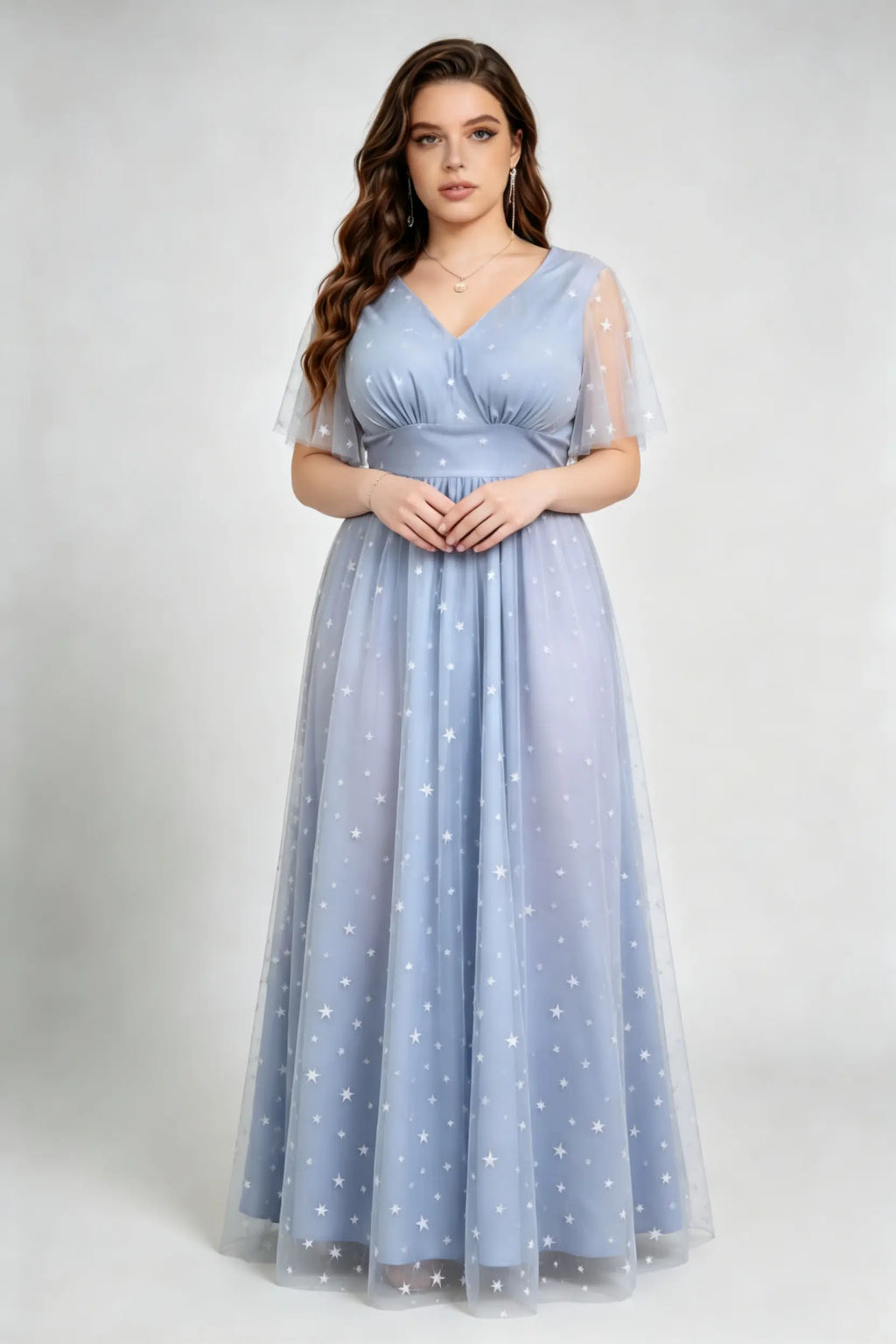 Dusty Blue Starry Tulle Plus Size Maxi Dress - Flutter Sleeve Formal Gown