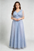 Dusty Blue Starry Tulle Plus Size Maxi Dress - Flutter Sleeve Formal Gown