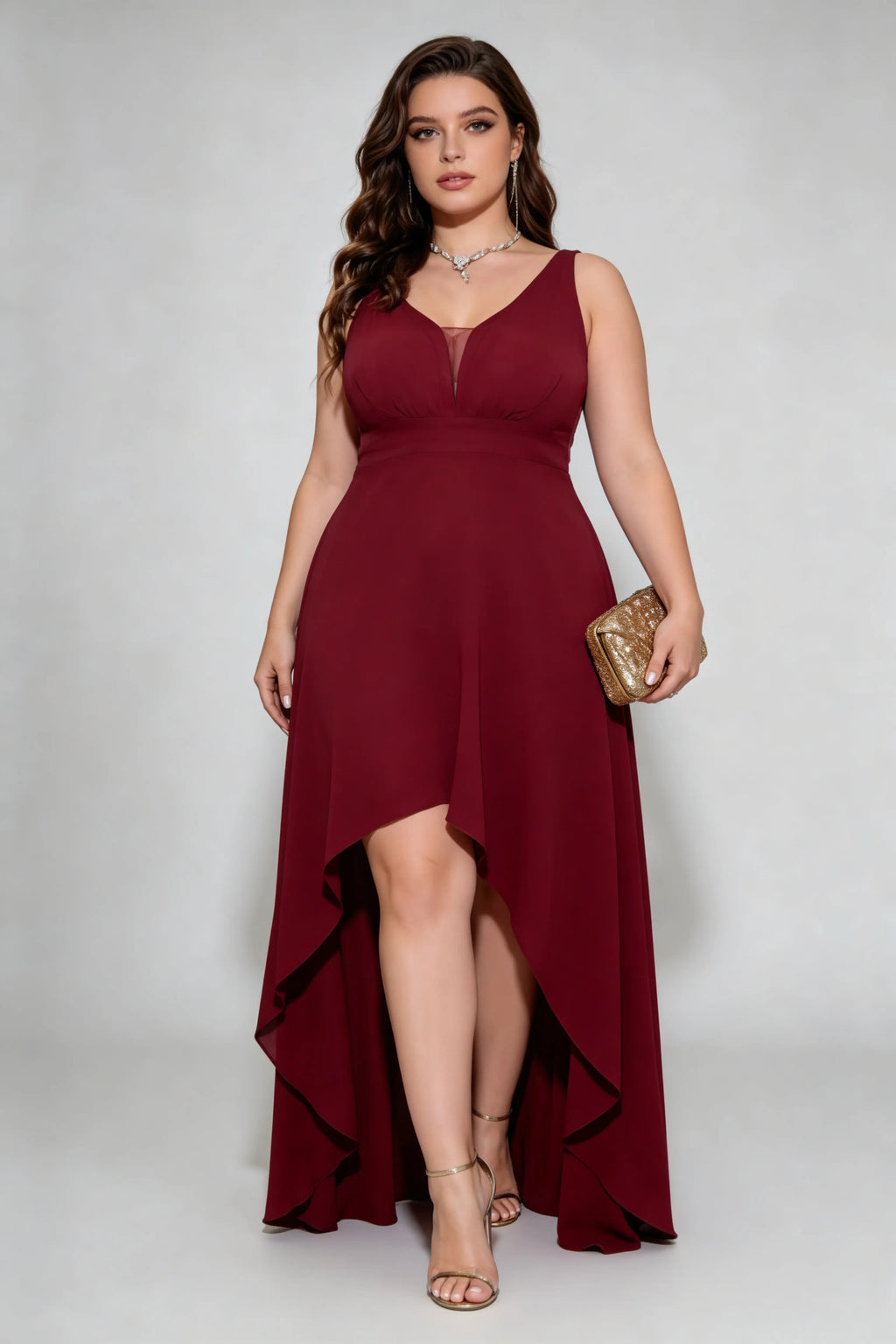 Plus Size Burgundy High-Low Dress - V-Neck Sleeveless Formal Gown