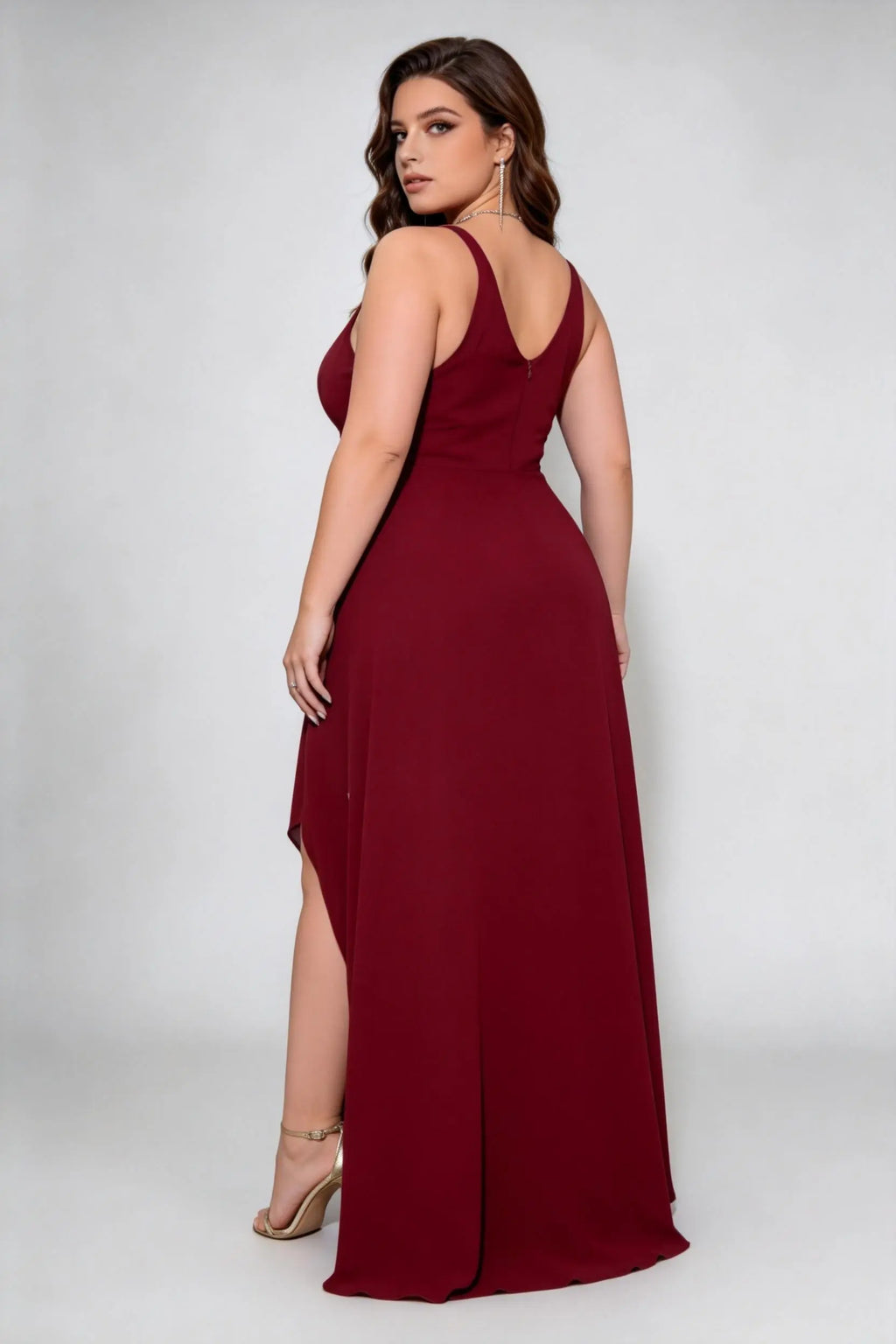 Plus Size Burgundy High-Low Dress - V-Neck Sleeveless Formal Gown
