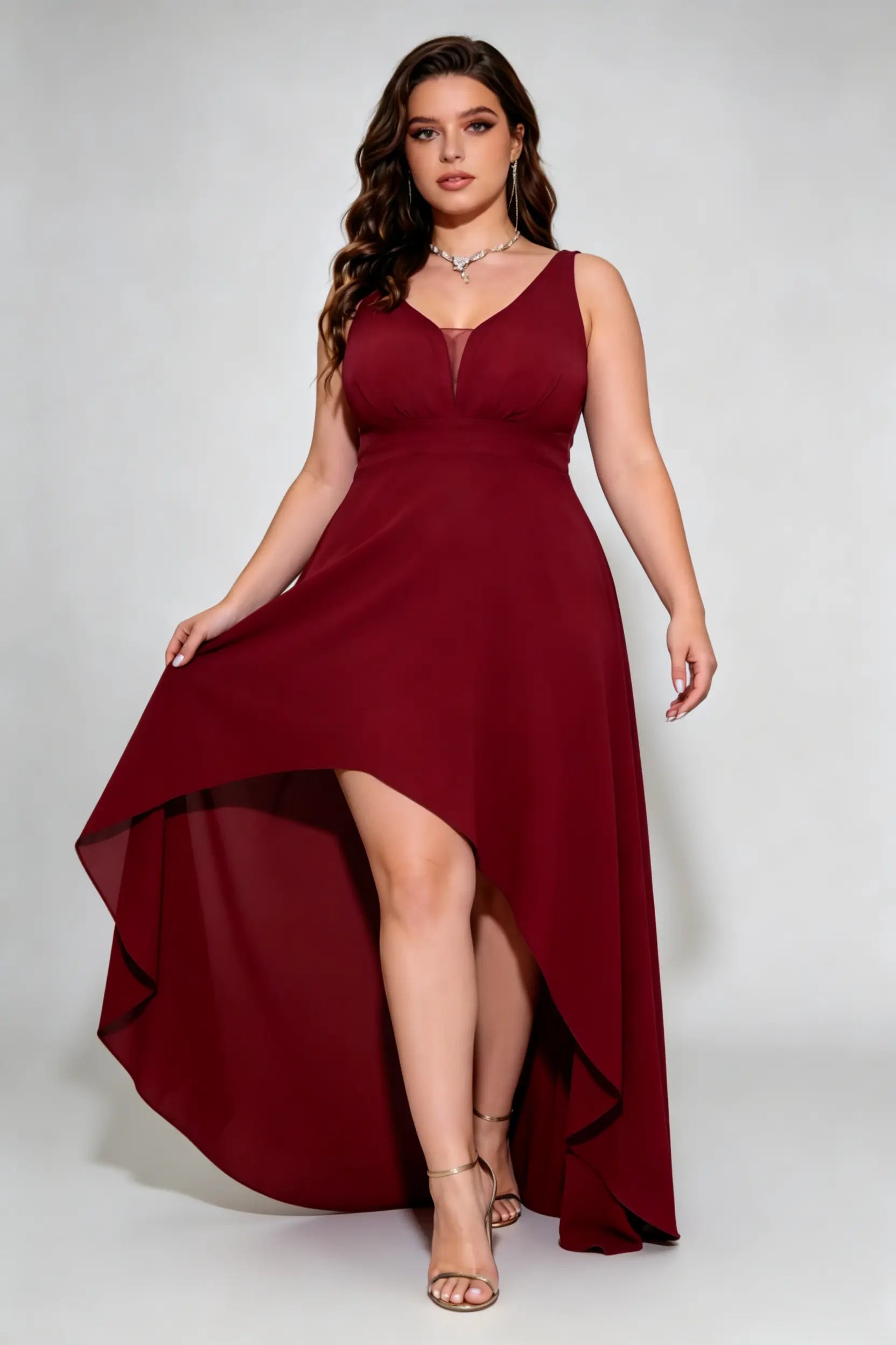 Plus Size Burgundy High-Low Dress - V-Neck Sleeveless Formal Gown