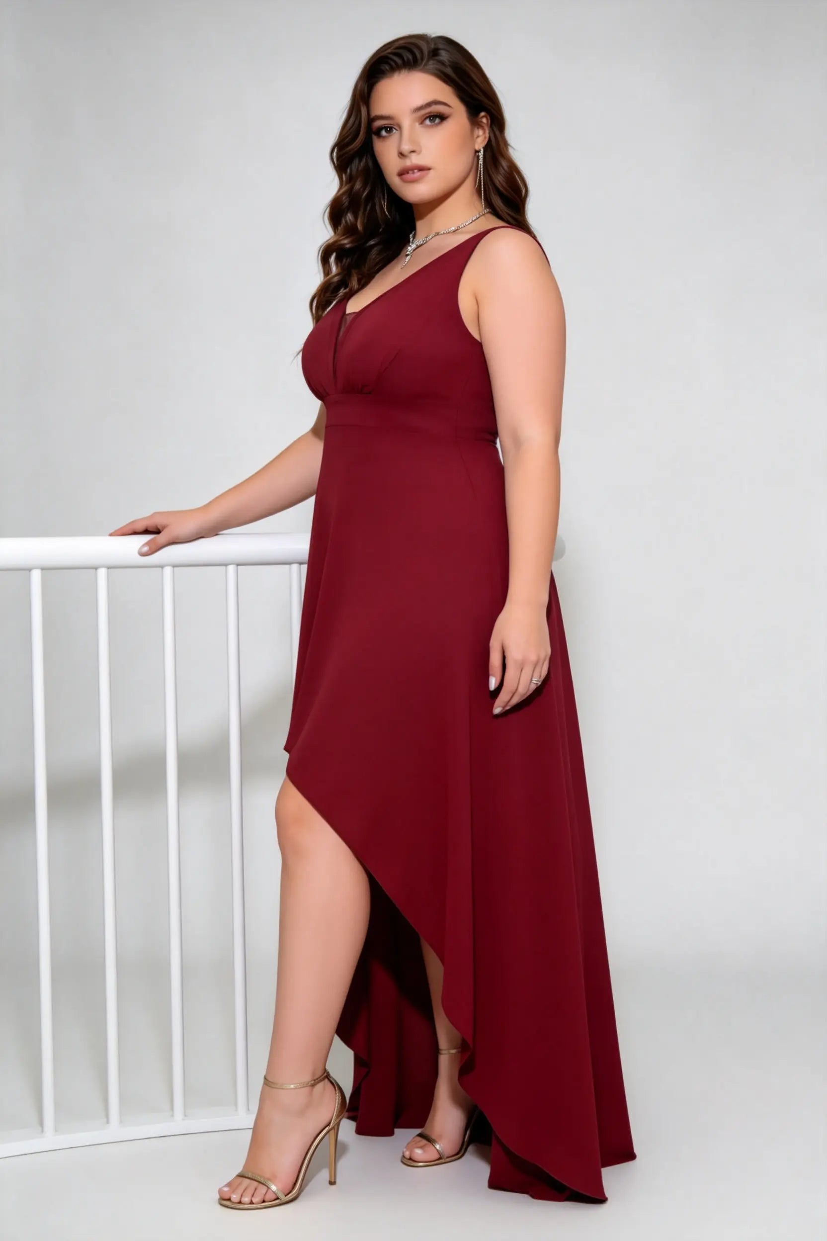 Plus Size Burgundy High-Low Dress - V-Neck Sleeveless Formal Gown