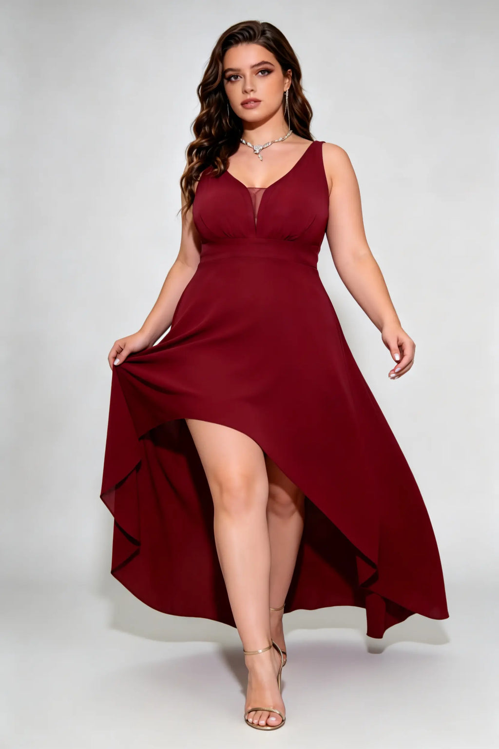 Plus Size Burgundy High-Low Dress - V-Neck Sleeveless Formal Gown