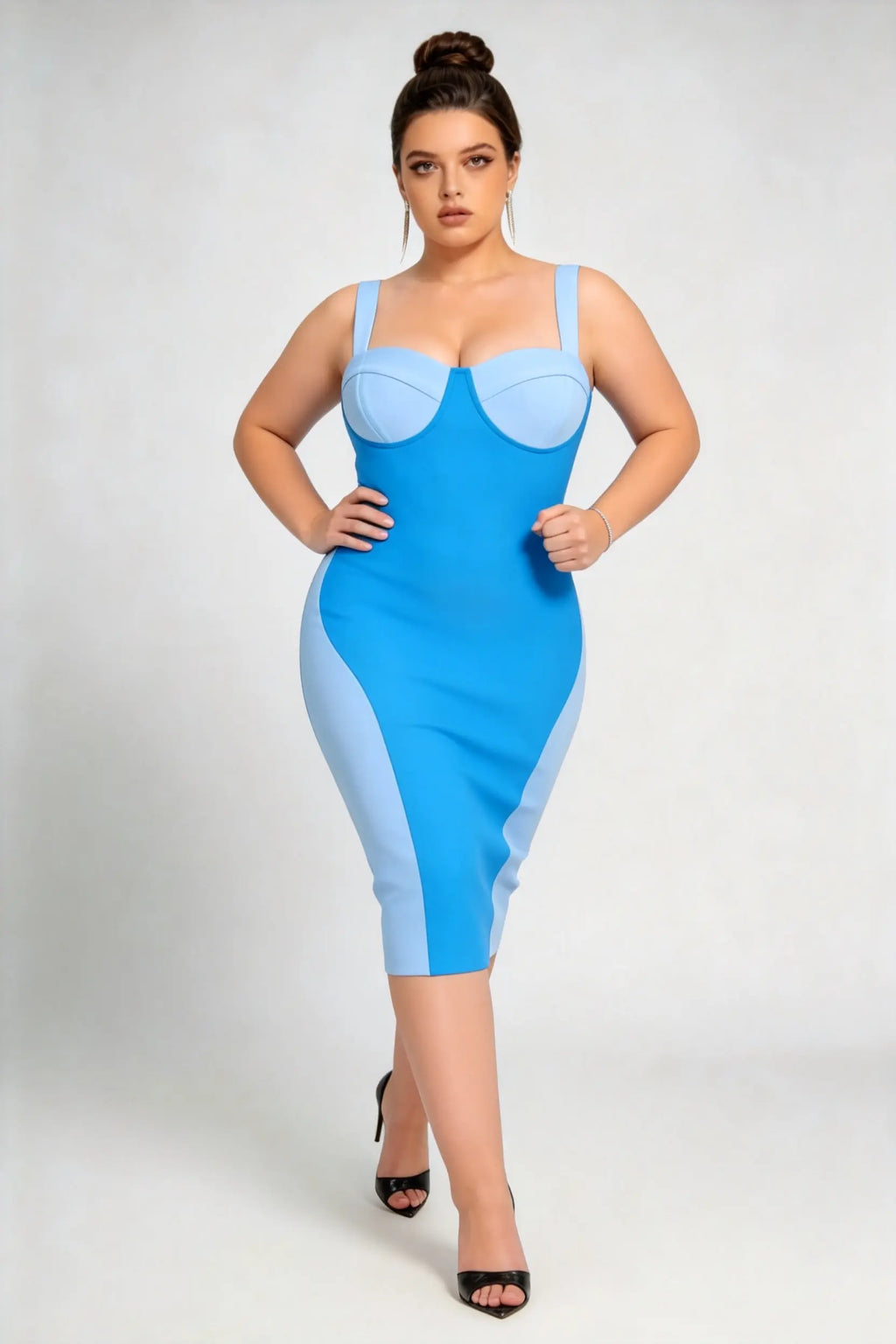 Plus Size Chic Color-Block Bandage Midi Dress - Sculpting Bodycon Fit