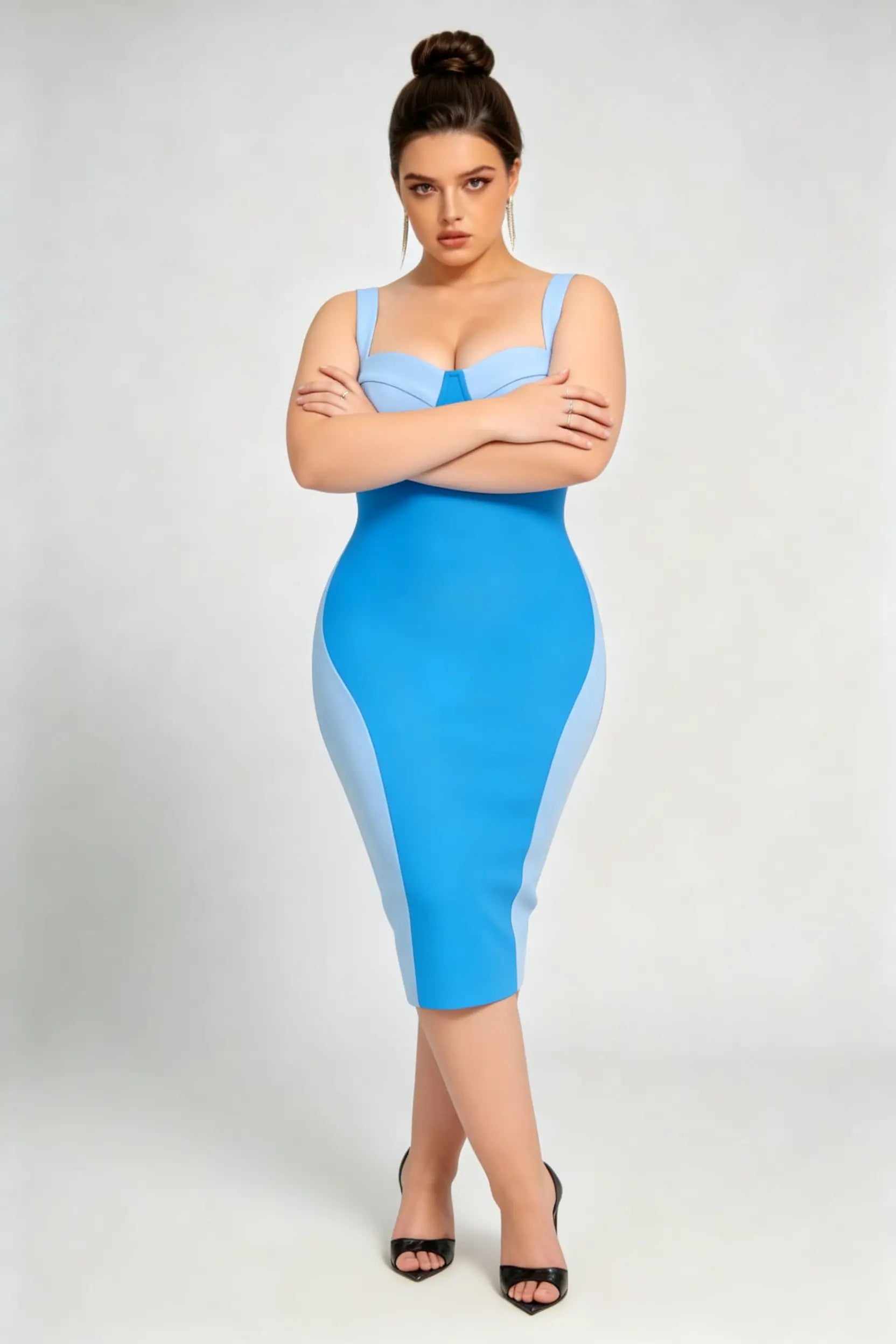 Plus Size Chic Color-Block Bandage Midi Dress - Sculpting Bodycon Fit