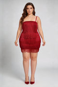 Plus Size Red Tiered Fringe Mini Dress with Adjustable Spaghetti Straps