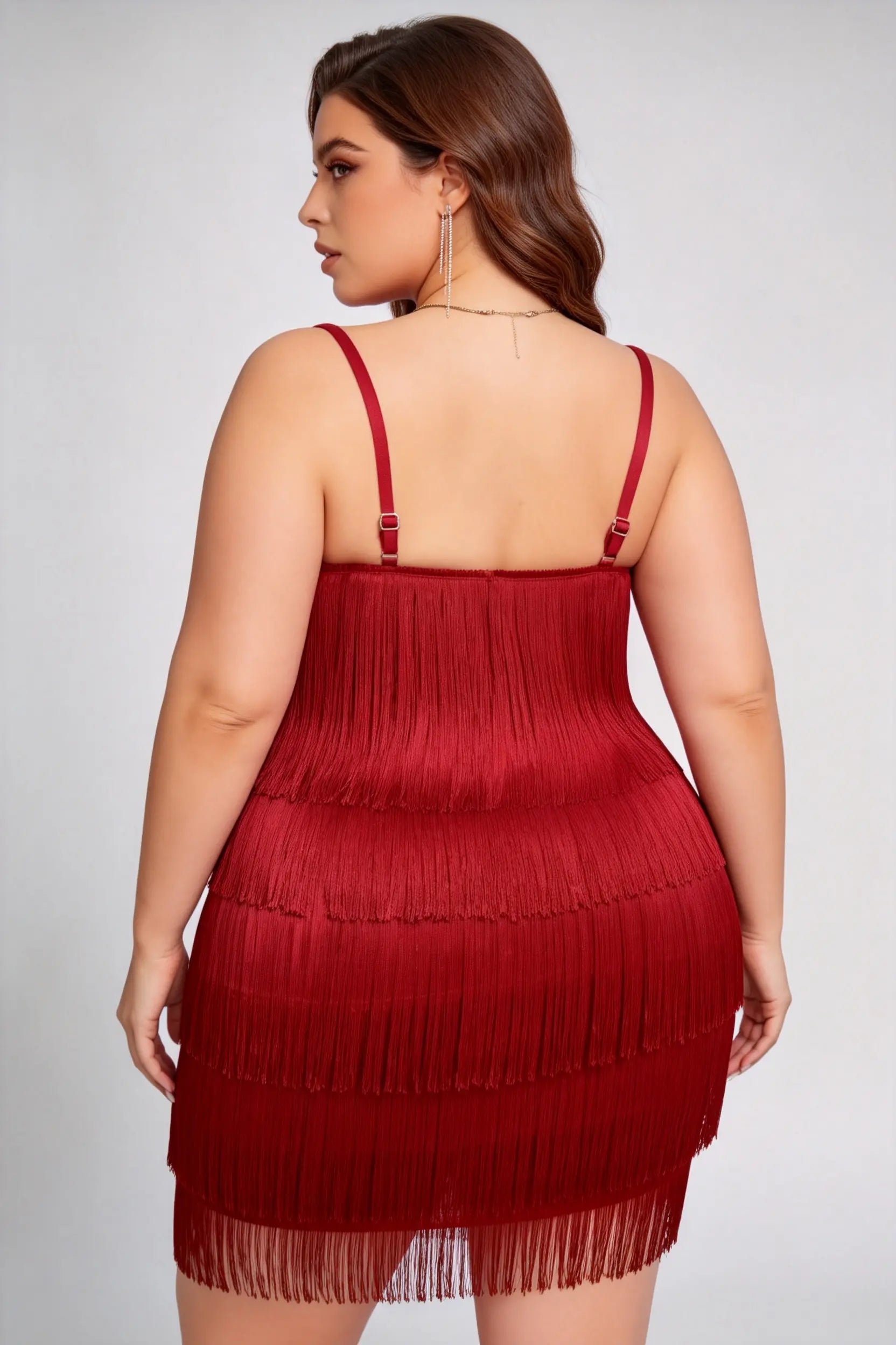 Plus Size Red Tiered Fringe Mini Dress with Adjustable Spaghetti Straps