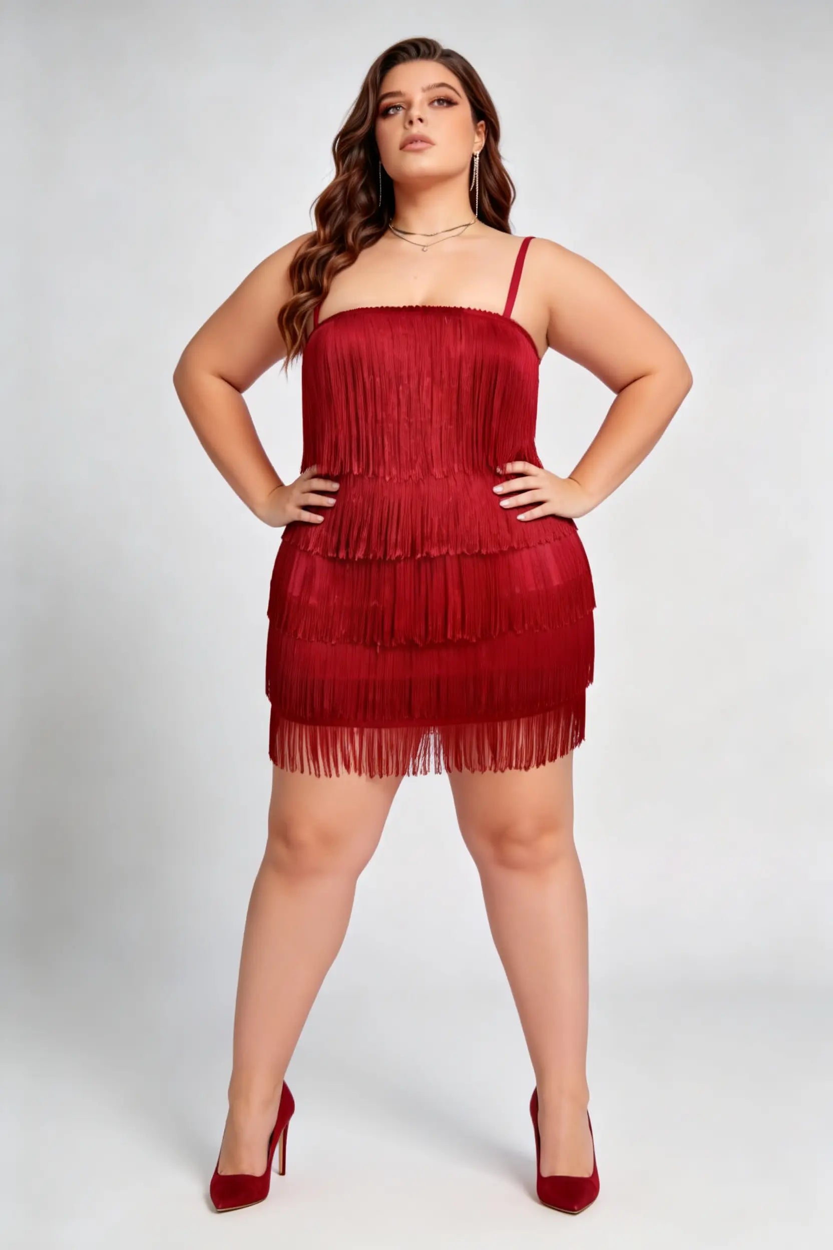 Plus Size Red Tiered Fringe Mini Dress with Adjustable Spaghetti Straps