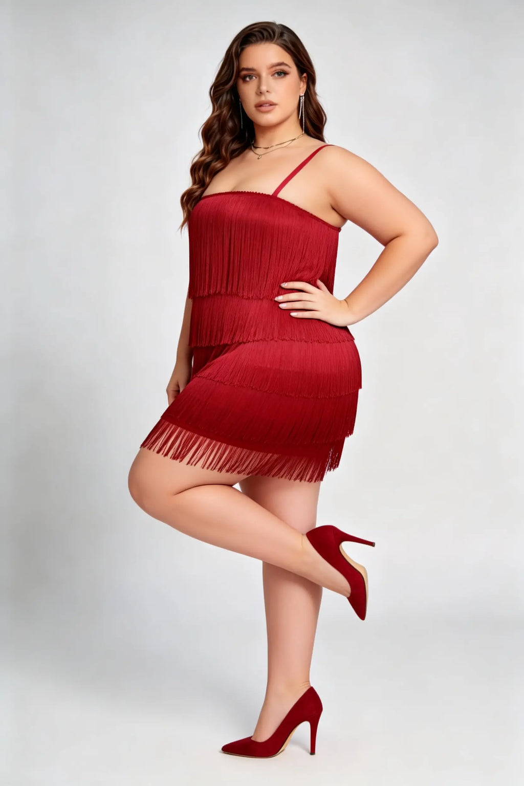 Plus Size Red Tiered Fringe Mini Dress with Adjustable Spaghetti Straps
