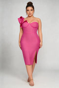 Plus Size Rose Red One-Shoulder Ruffle Bandage Dress with Slit