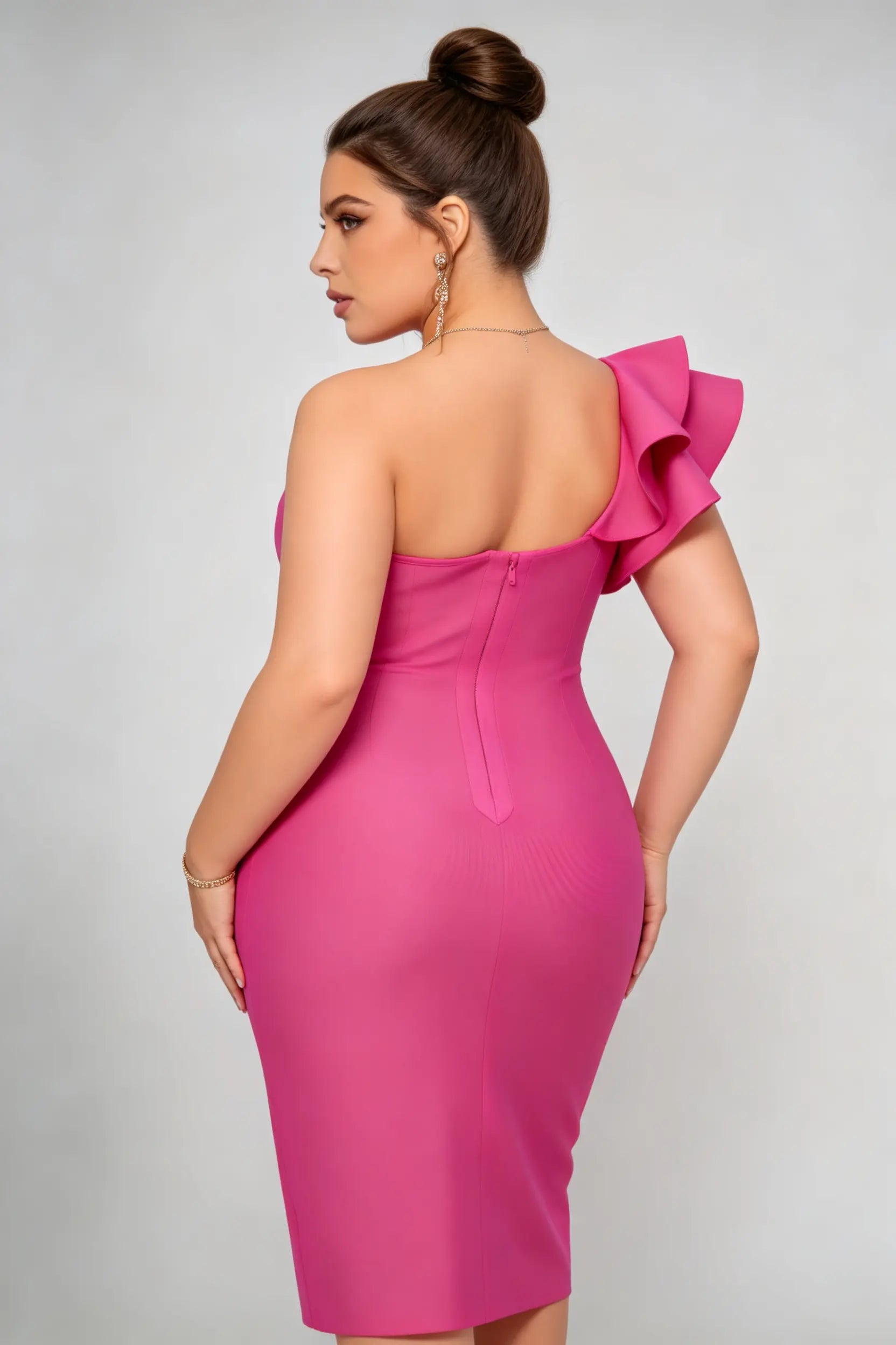 Plus Size Rose Red One-Shoulder Ruffle Bandage Dress with Slit