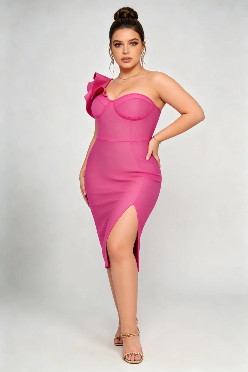 Plus Size Rose Red One-Shoulder Ruffle Bandage Dress with Slit