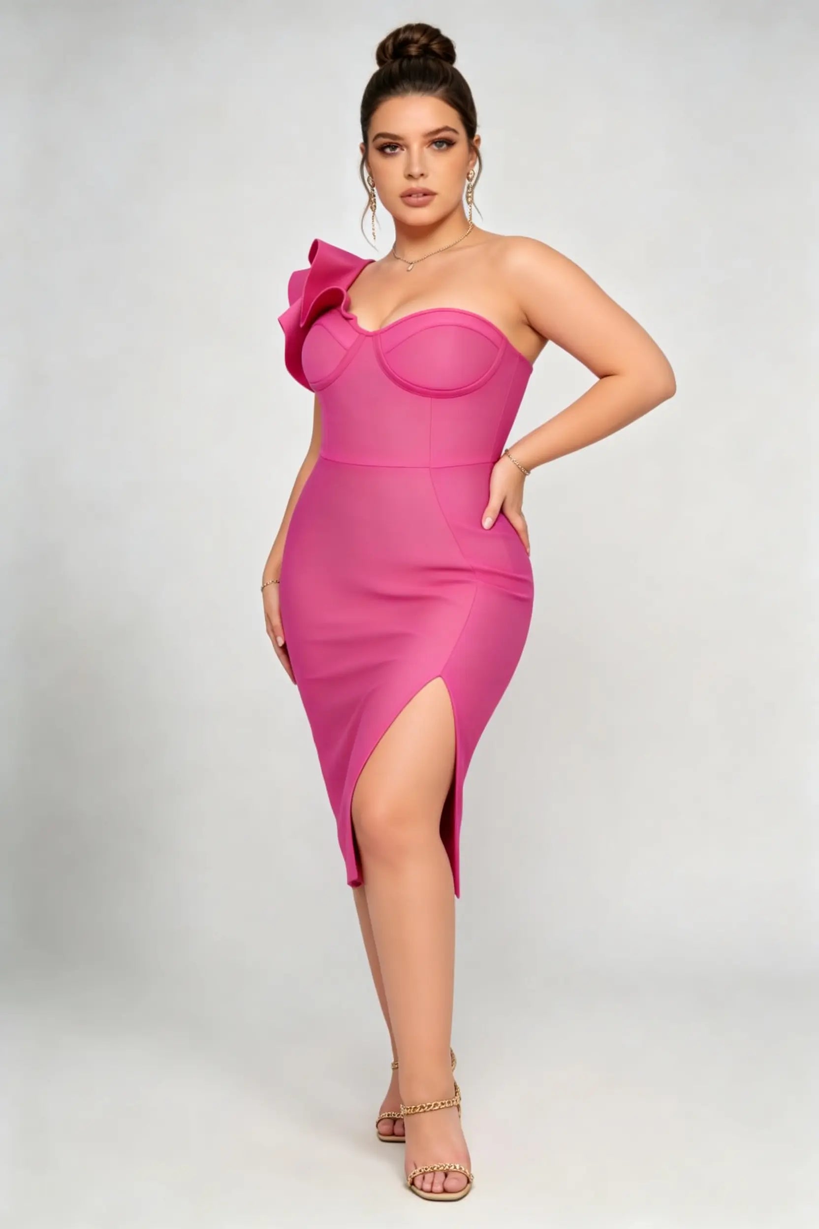 Plus Size Rose Red One-Shoulder Ruffle Bandage Dress with Slit