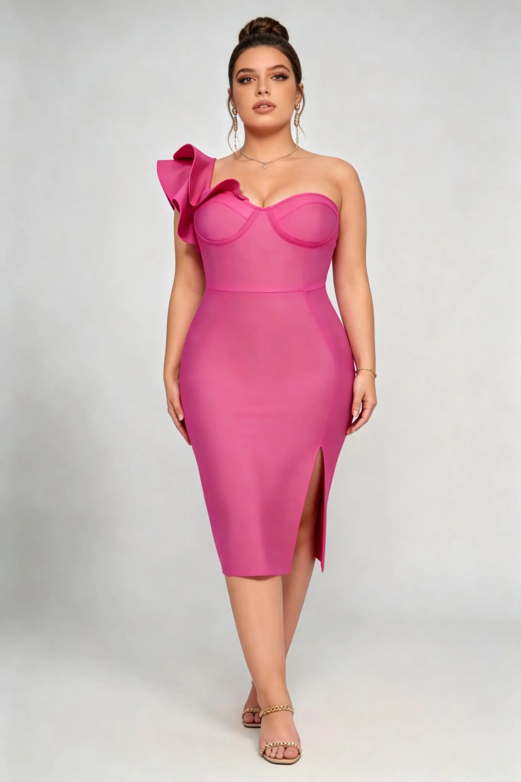 Plus Size Rose Red One-Shoulder Ruffle Bandage Dress with Slit
