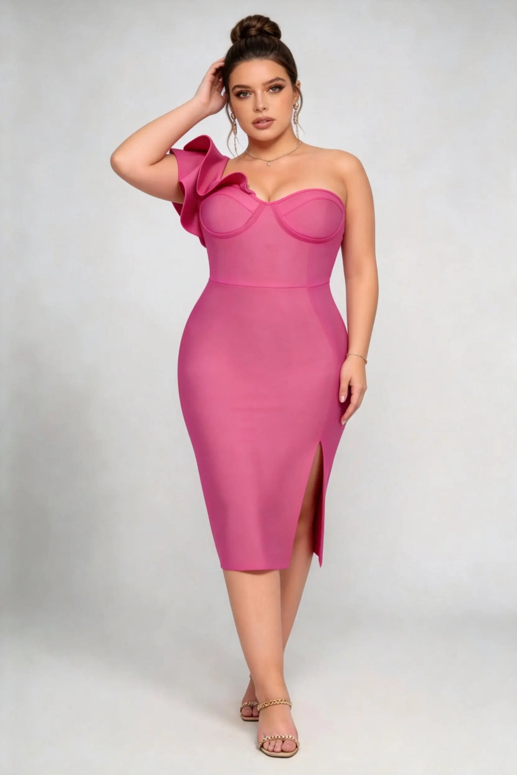 Plus Size Rose Red One-Shoulder Ruffle Bandage Dress with Slit
