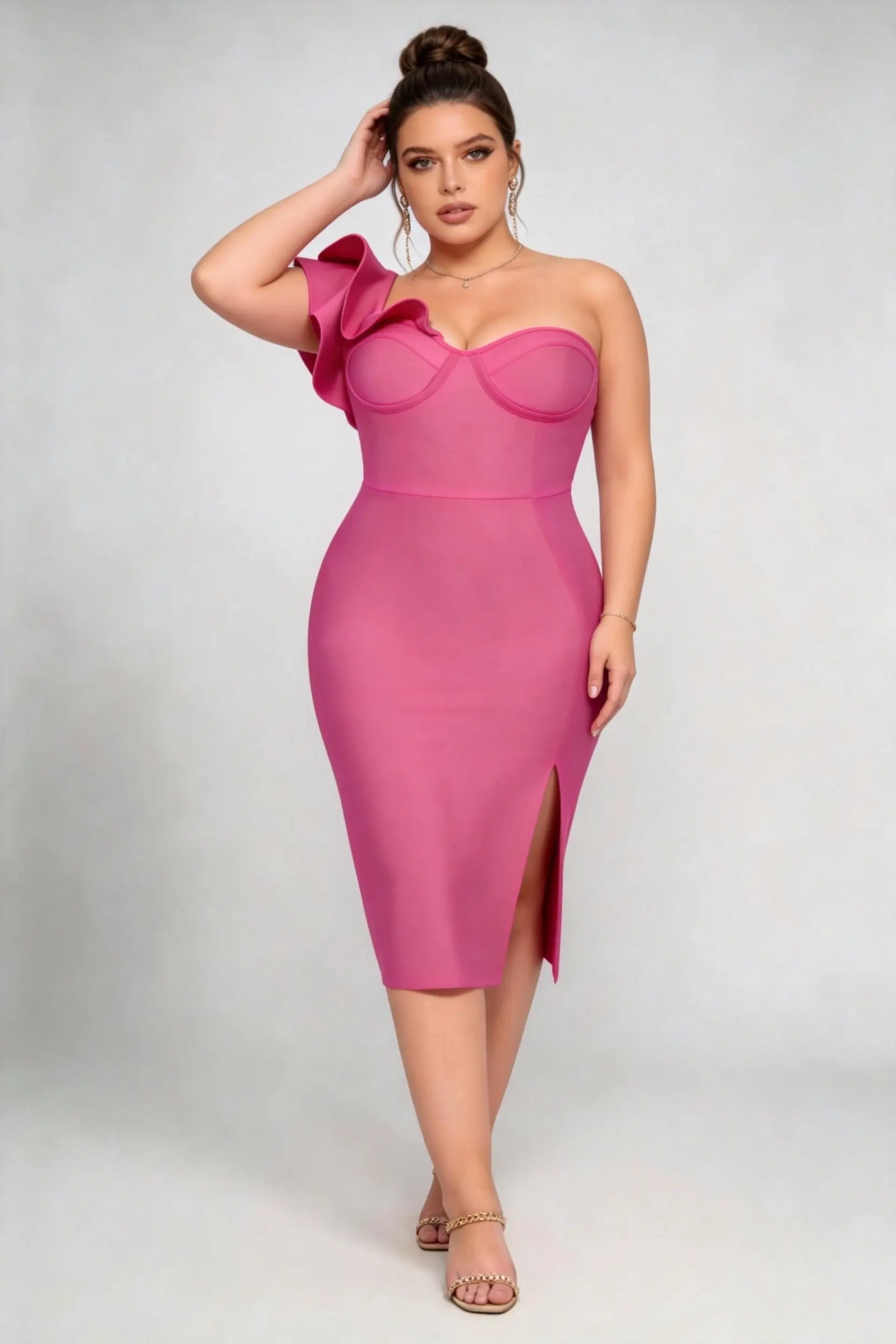 Plus Size Rose Red One-Shoulder Ruffle Bandage Dress with Slit