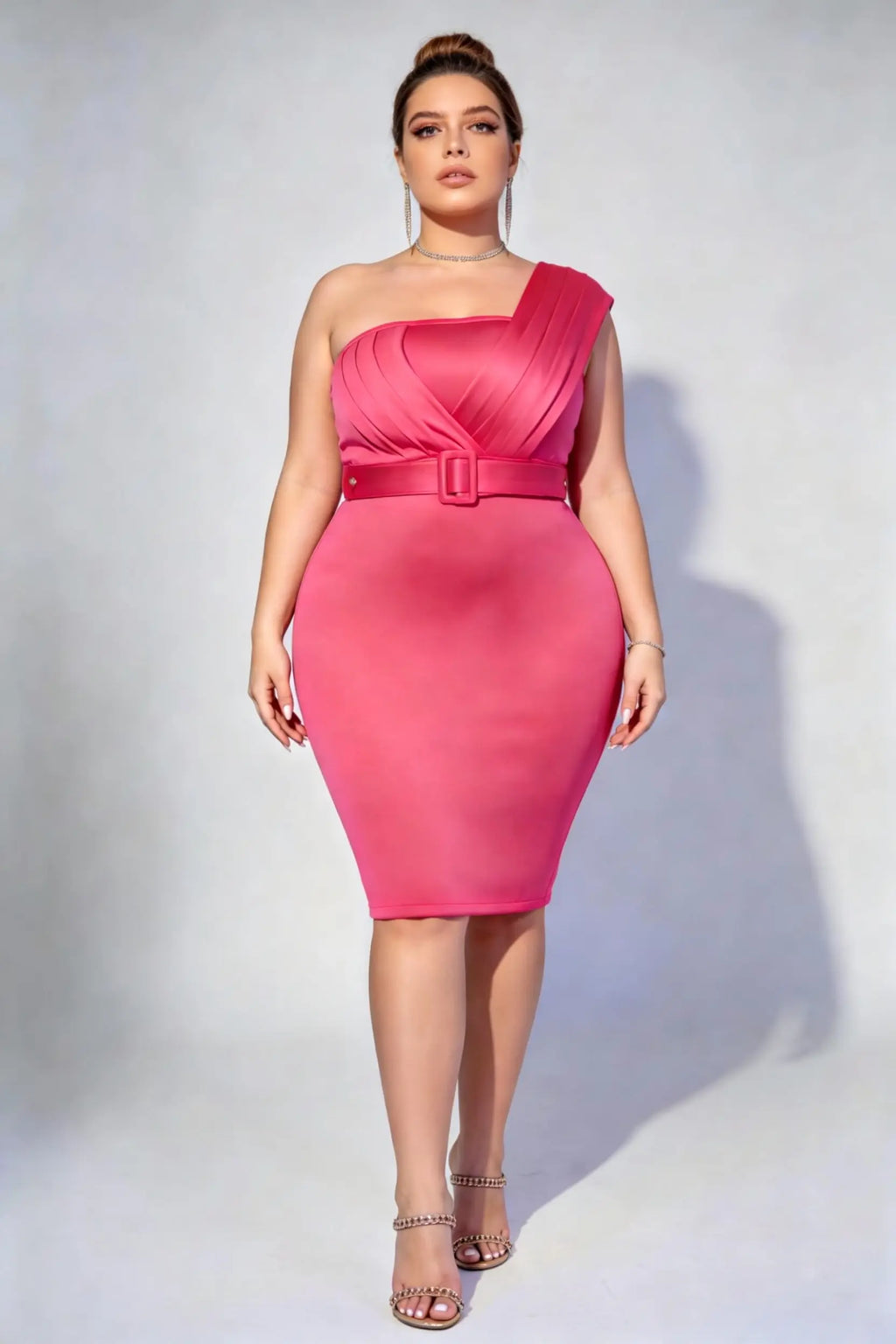Plus Size Rose Red Elegant One-Shoulder Pleated Bodycon Midi Dress