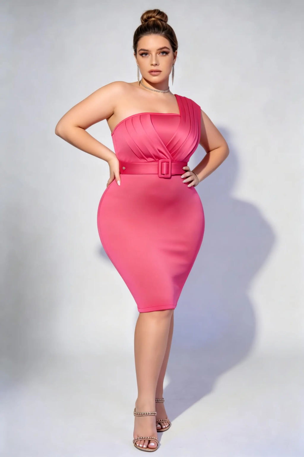 Plus Size Rose Red Elegant One-Shoulder Pleated Bodycon Midi Dress