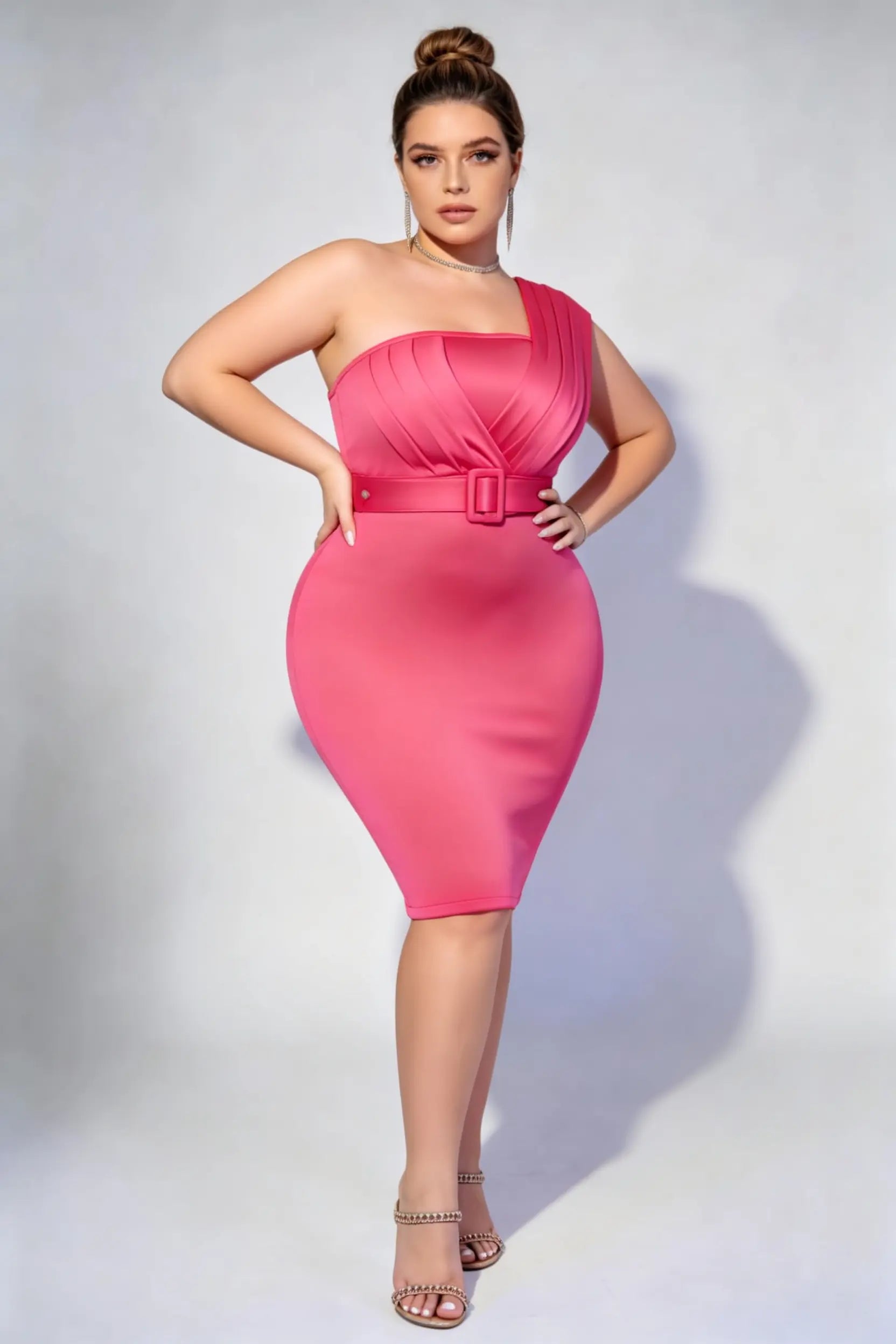 Plus Size Rose Red Elegant One-Shoulder Pleated Bodycon Midi Dress – phoehua