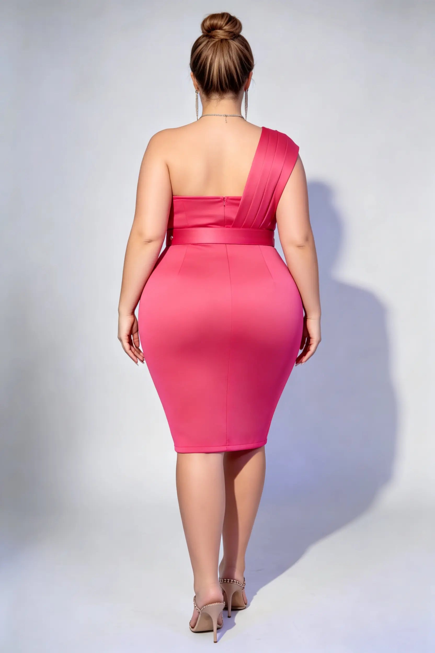 Plus Size Rose Red Elegant One-Shoulder Pleated Bodycon Midi Dress – phoehua