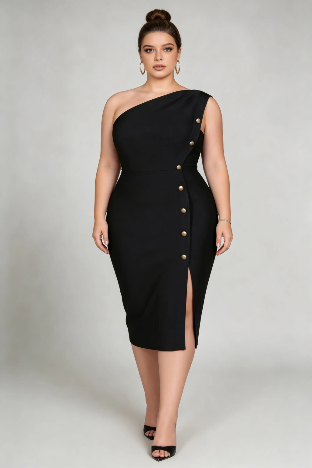 Plus Size Black One-Shoulder Button-Detail Midi Bandage Dress
