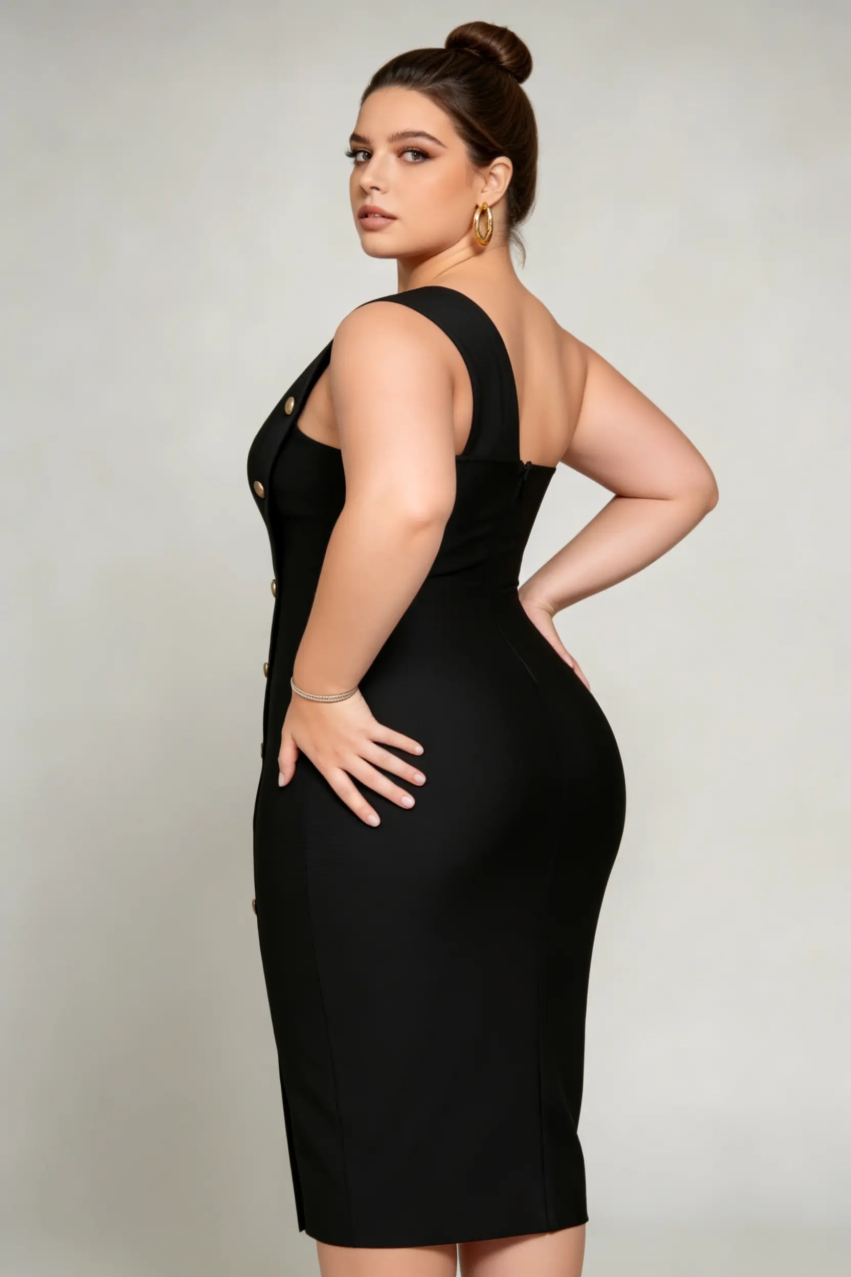 Plus Size Black One-Shoulder Button-Detail Midi Bandage Dress