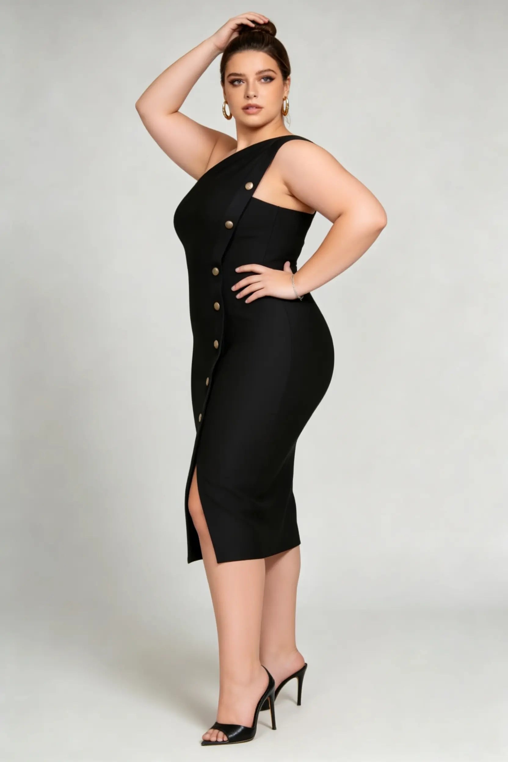 Plus Size Black One-Shoulder Button-Detail Midi Bandage Dress