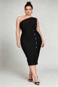 Plus Size Black One-Shoulder Button-Detail Midi Bandage Dress