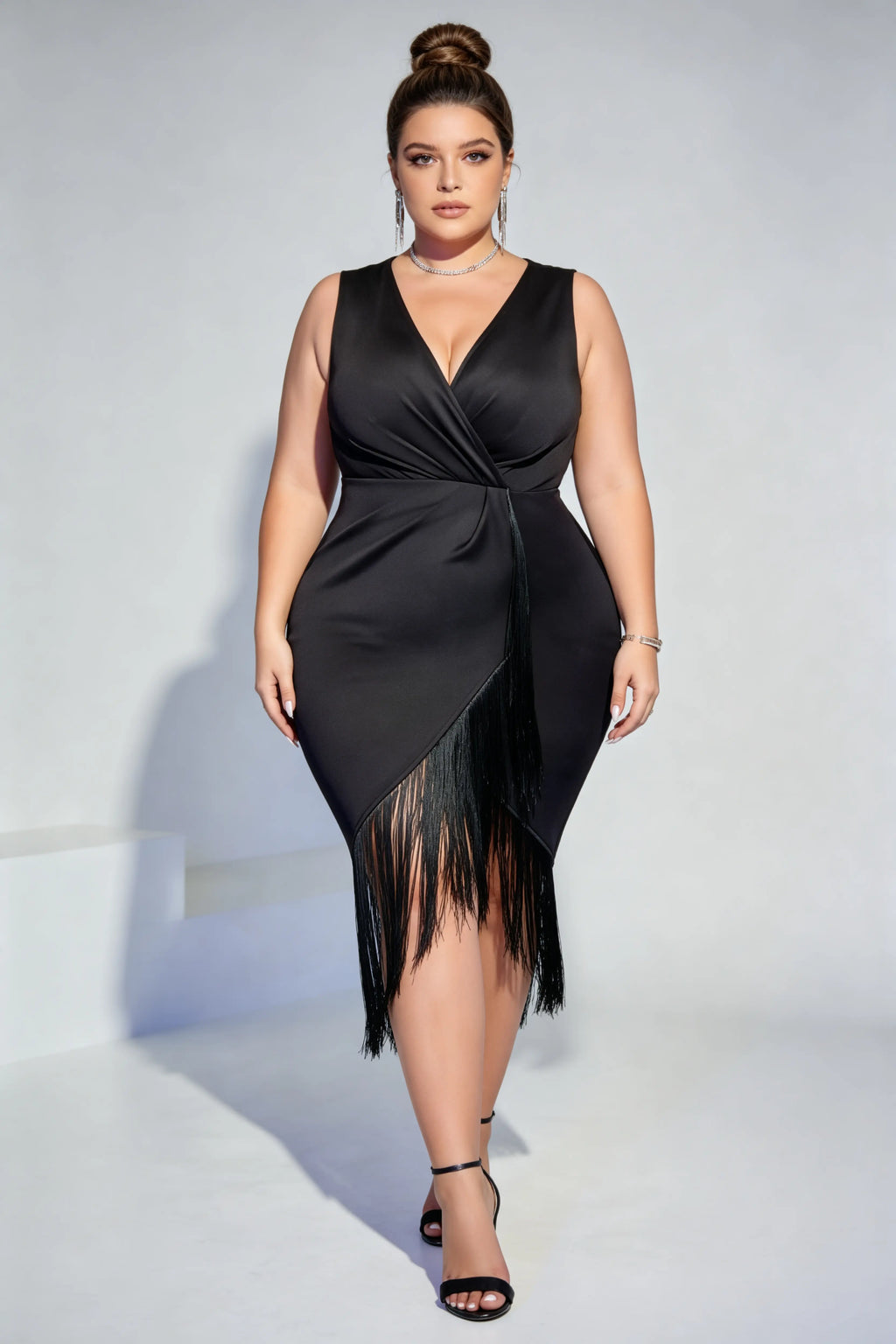 Plus Size Black Satin Wrap V-Neck Fringe Midi Dress