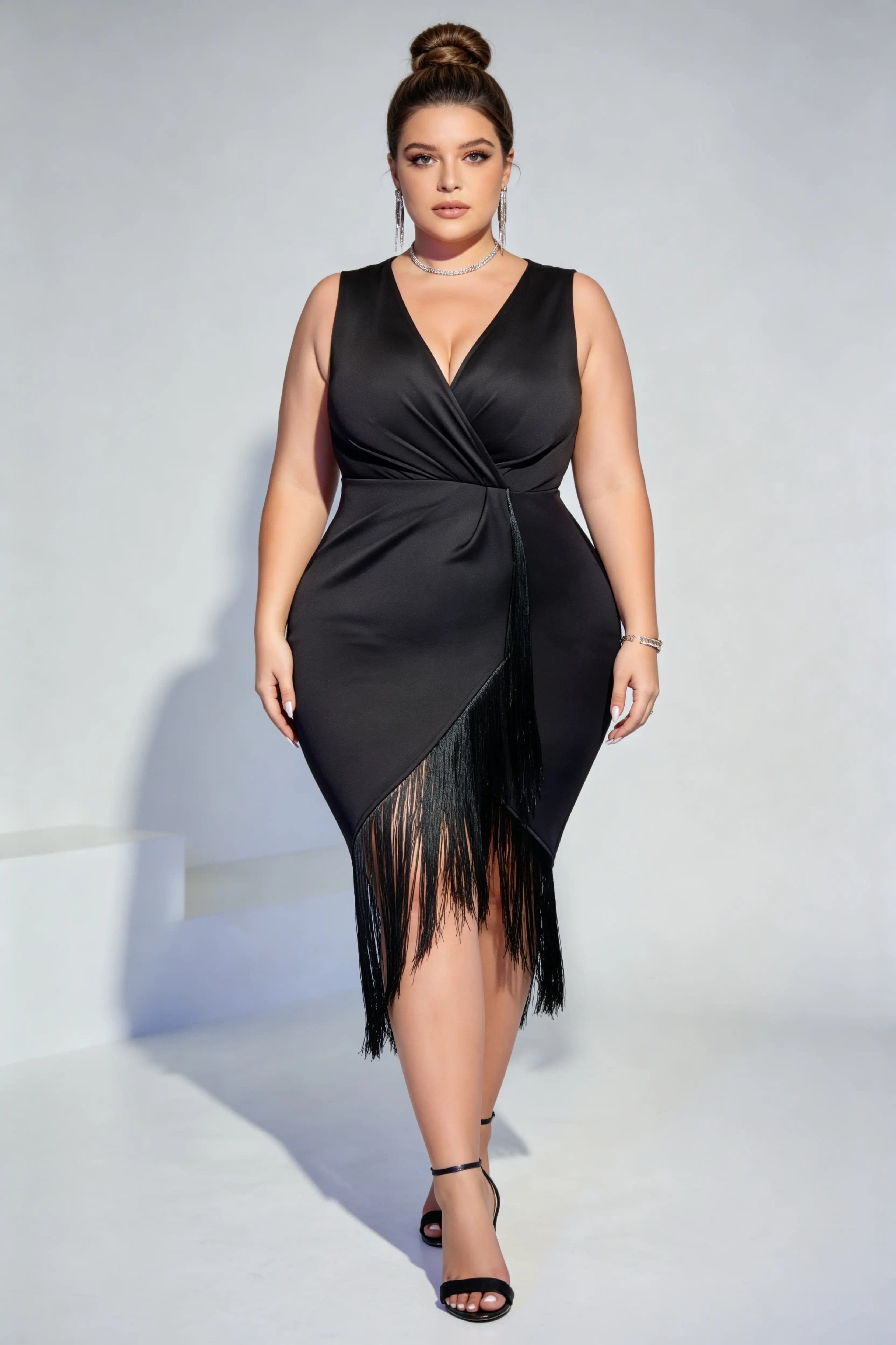 Plus Size Black Satin Wrap V-Neck Fringe Midi Dress