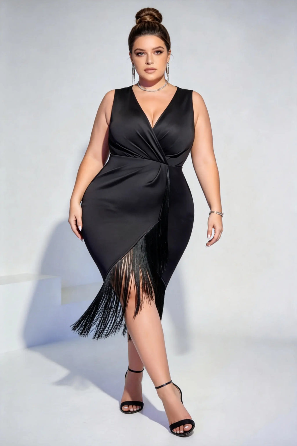 Plus Size Black Satin Wrap V-Neck Fringe Midi Dress