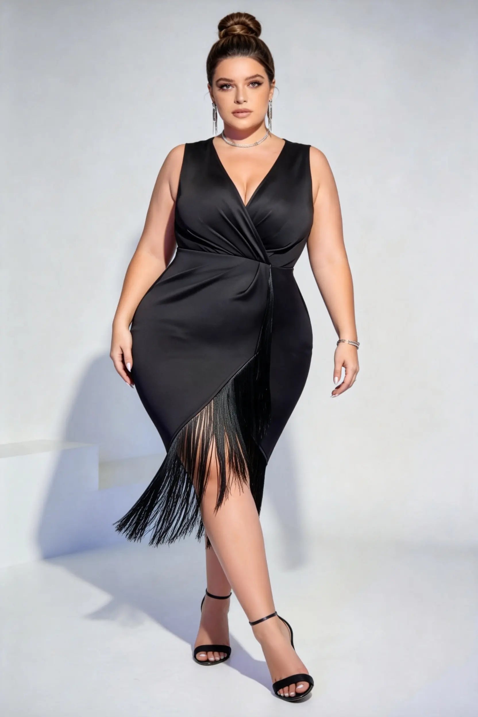 Plus Size Black Satin Wrap V-Neck Fringe Midi Dress
