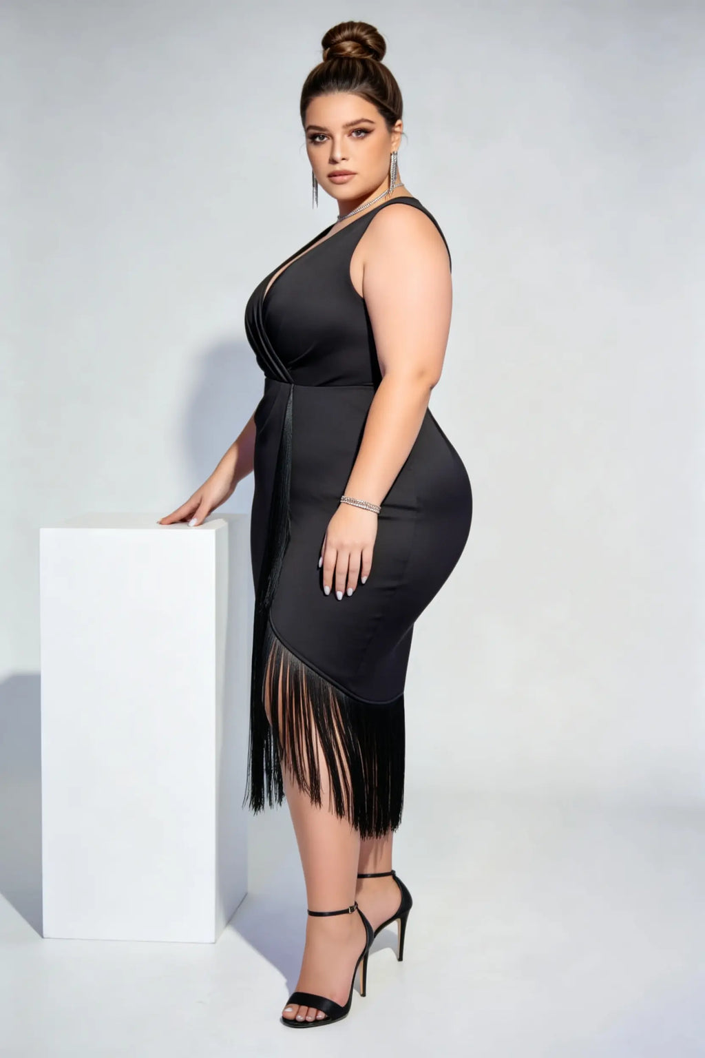 Plus Size Black Satin Wrap V-Neck Fringe Midi Dress