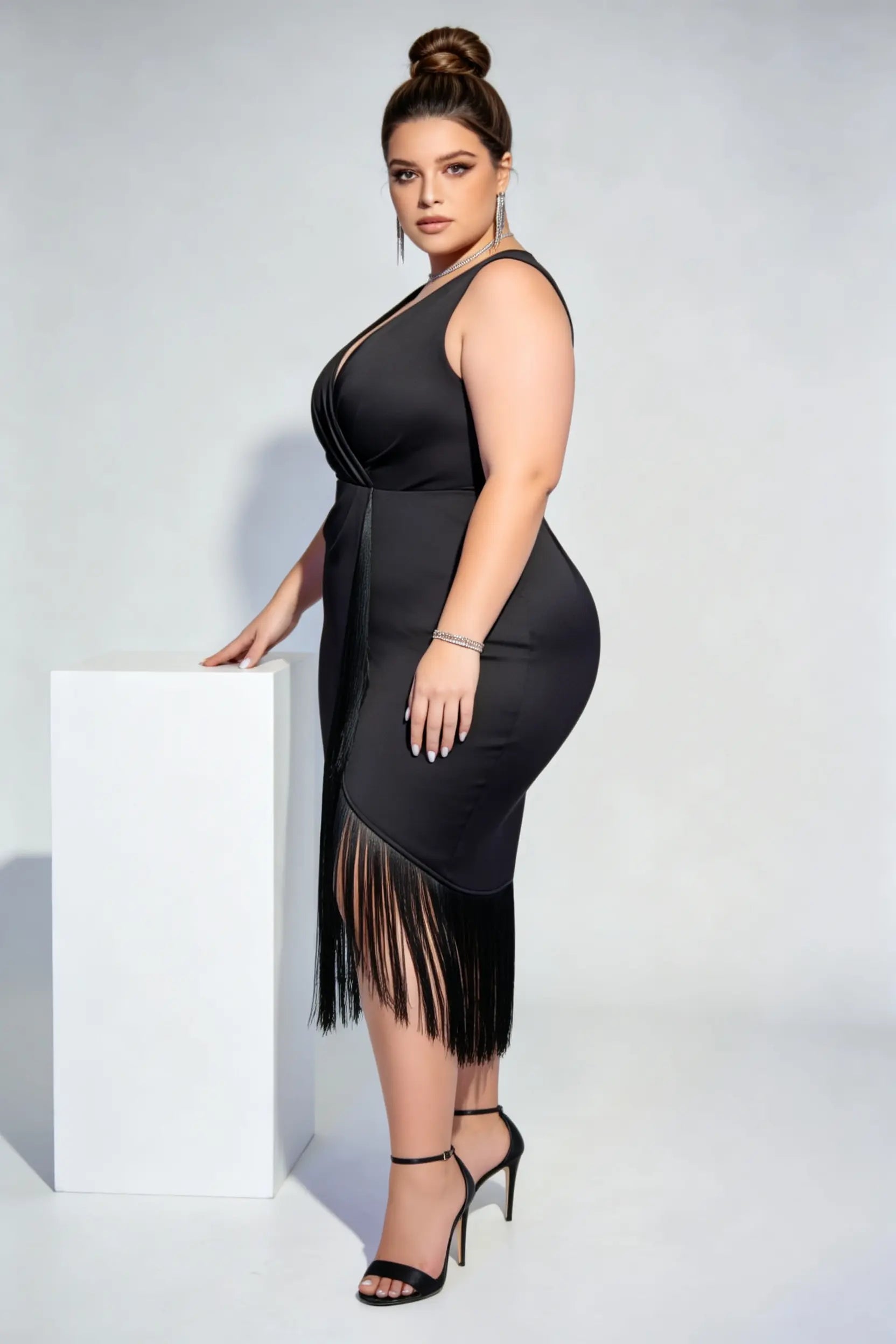 Plus Size Black Satin Wrap V-Neck Fringe Midi Dress