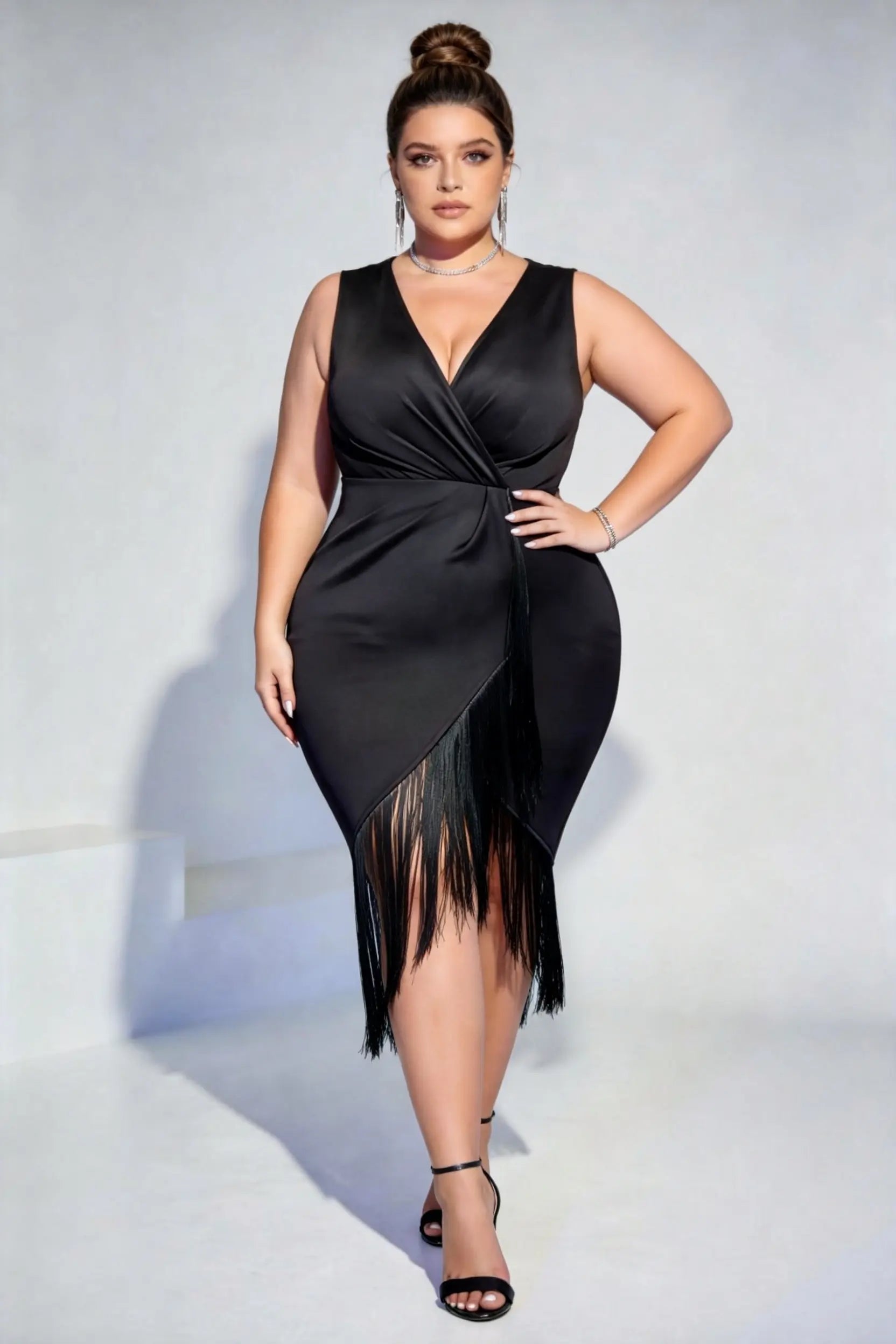 Plus Size Black Satin Wrap V-Neck Fringe Midi Dress