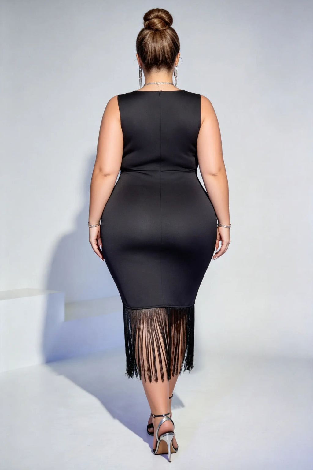 Plus Size Black Satin Wrap V-Neck Fringe Midi Dress