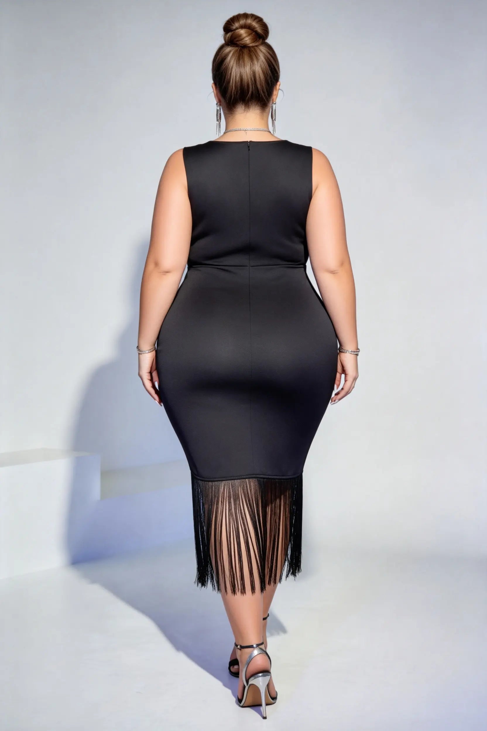 Plus Size Black Satin Wrap V-Neck Fringe Midi Dress