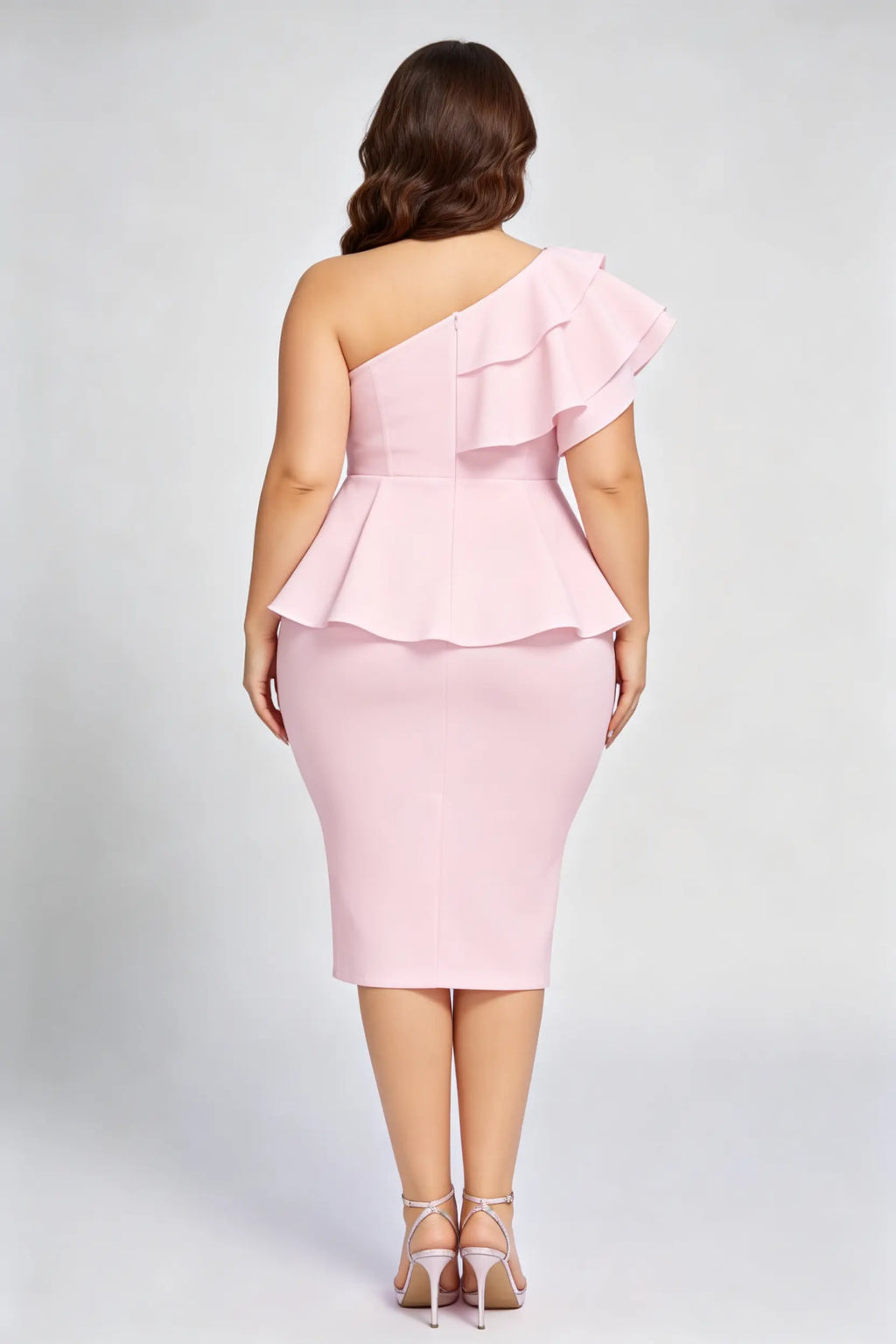Plus Size Pink One-Shoulder Ruffle Peplum Midi Bodycon Dress