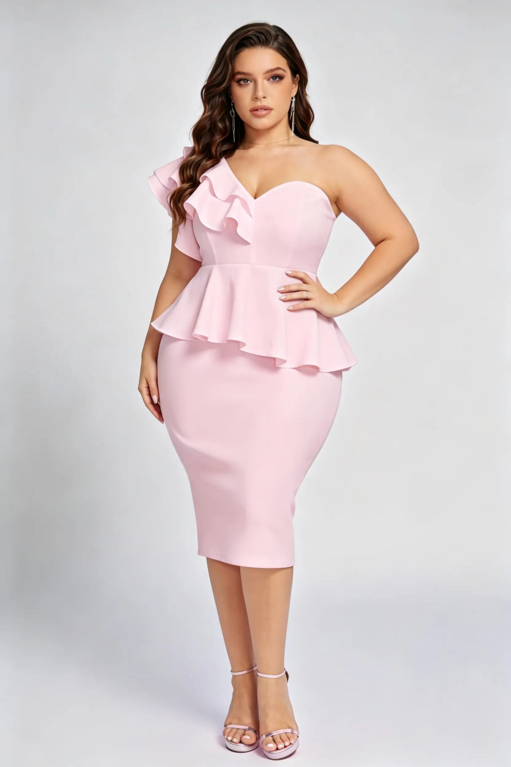 Plus Size Pink One-Shoulder Ruffle Peplum Midi Bodycon Dress