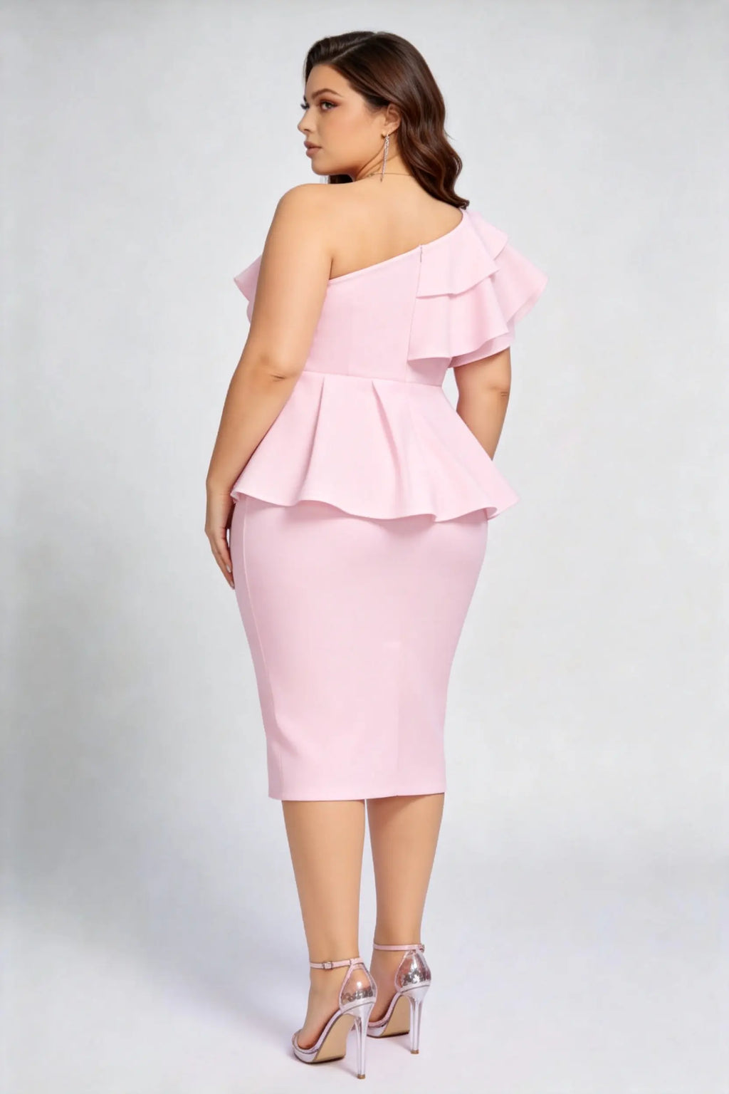 Plus Size Pink One-Shoulder Ruffle Peplum Midi Bodycon Dress