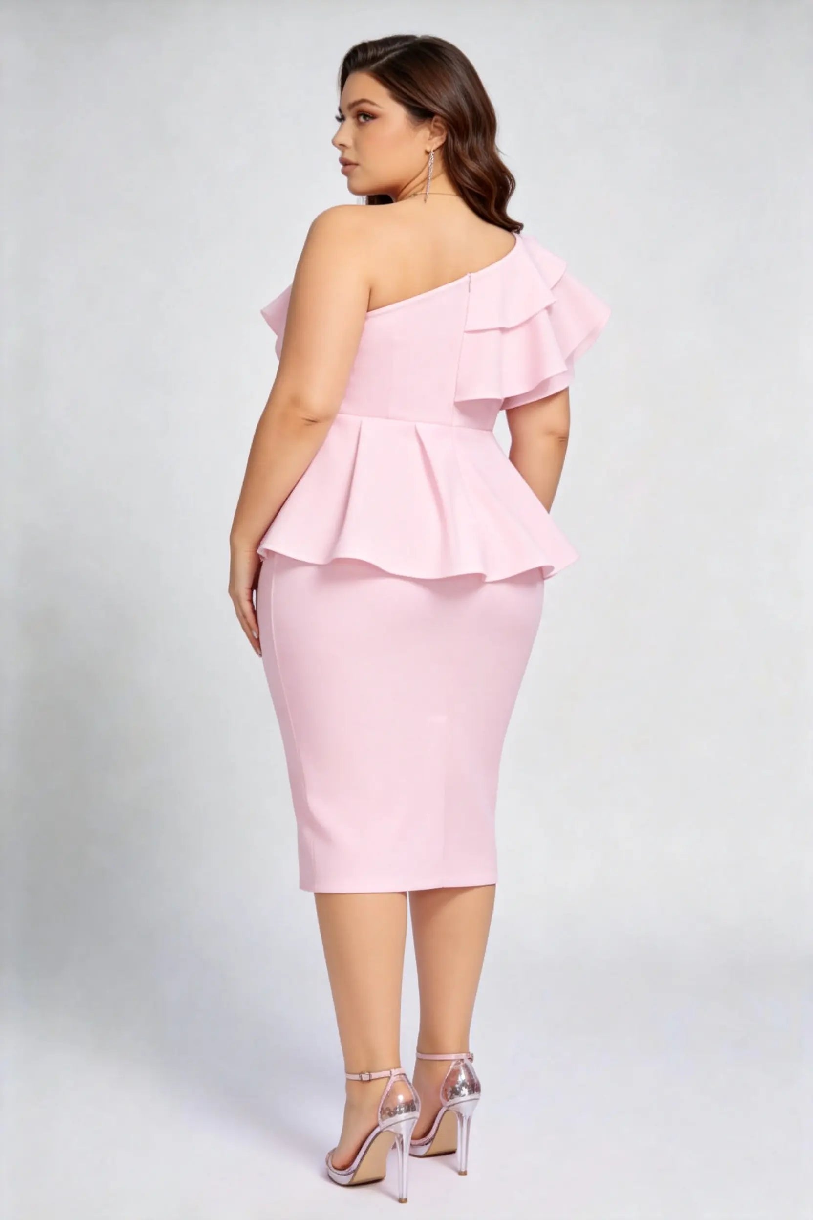 Plus Size Pink One-Shoulder Ruffle Peplum Midi Bodycon Dress