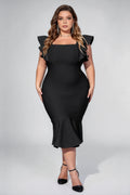 Plus Size Black Square Neck Ruffle Mermaid Midi Dress