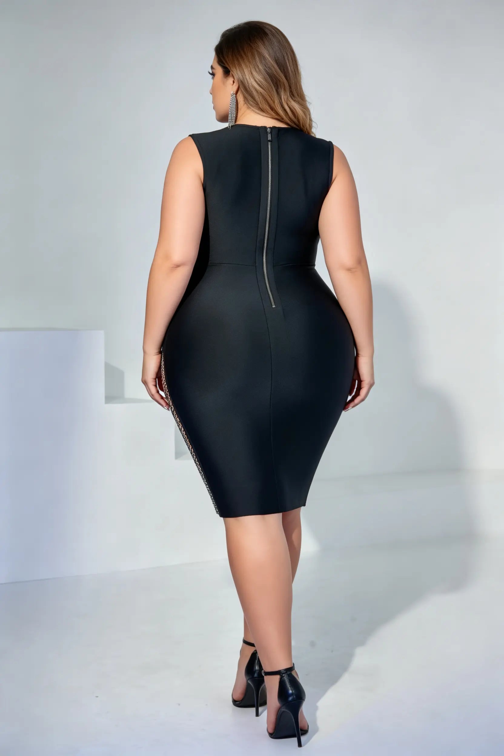 Plus Size Black Mesh Panel Bodycon Midi Dress