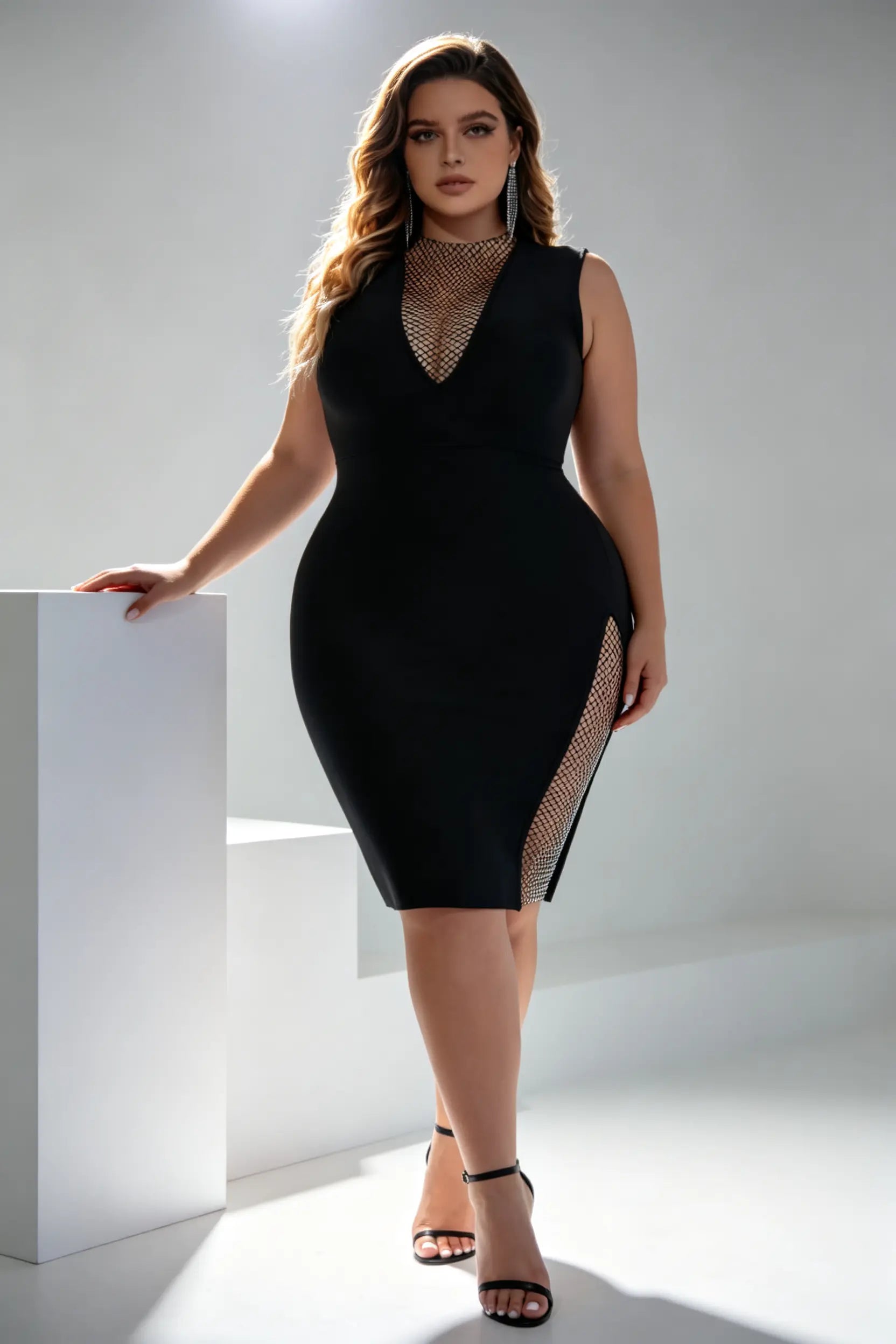 Plus Size Black Mesh Panel Bodycon Midi Dress